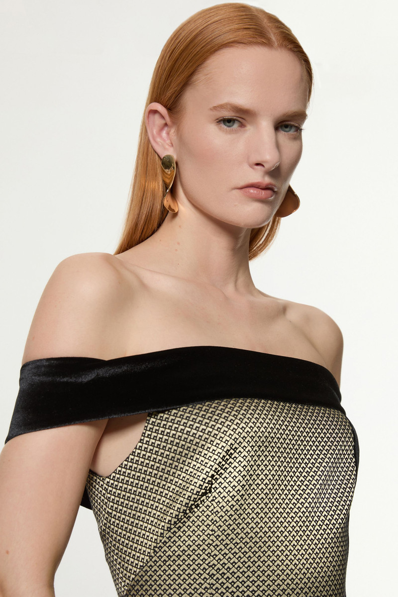 KAREN MILLEN Petite Geo Jacquard Velvet Mix Tailored Bardot Midi Dress outlook