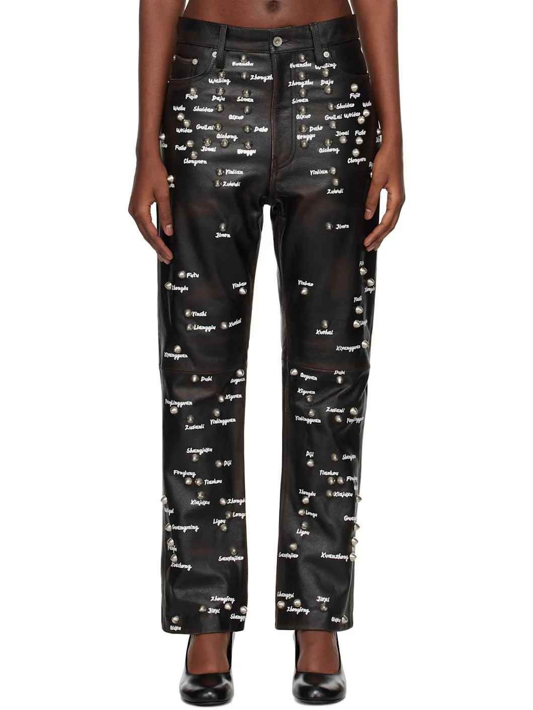 Black Pressure Points Studs Leather Pants - 1