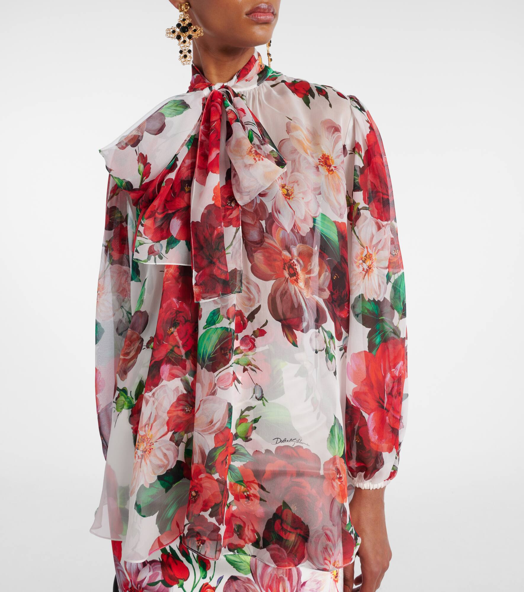 Floral tie-neck silk chiffon blouse - 6