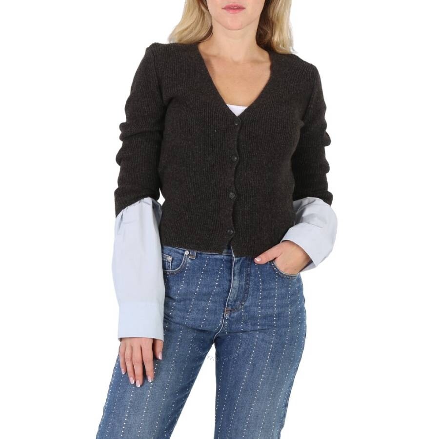 T by Alexander Wang Ladies Compact Cotton Cuff Ribbed Cardigan - 1