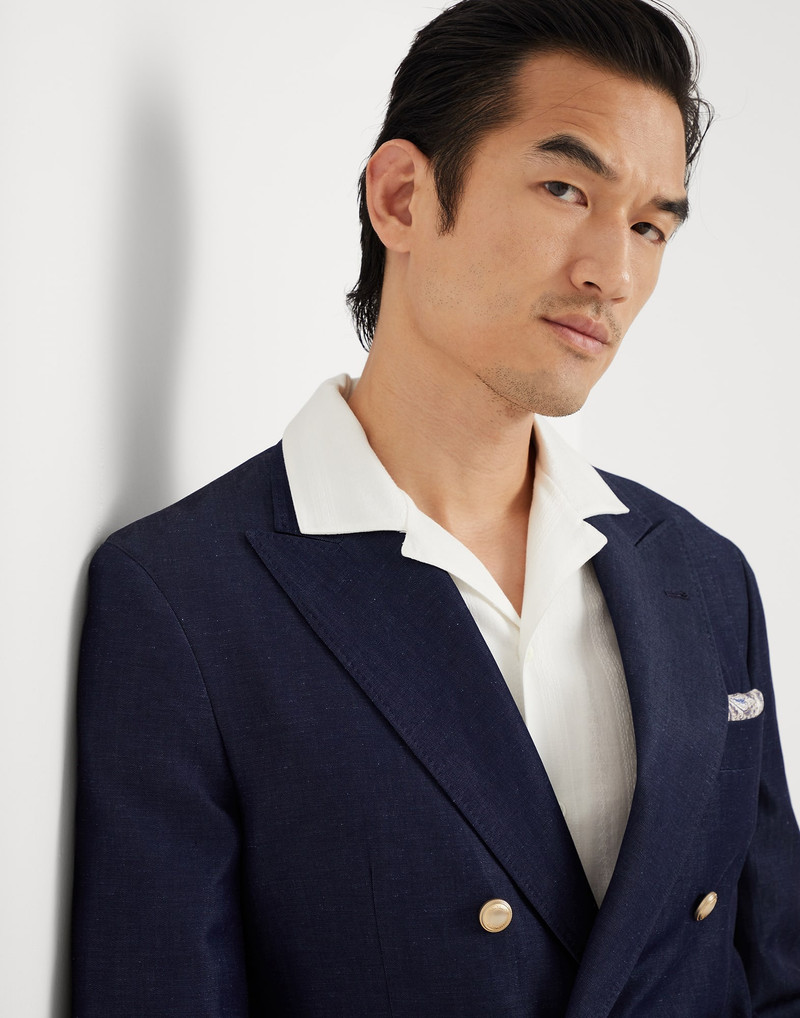 Wool and linen denim-effect twill one-and-a-half breasted blazer with patch pockets and metal button 3