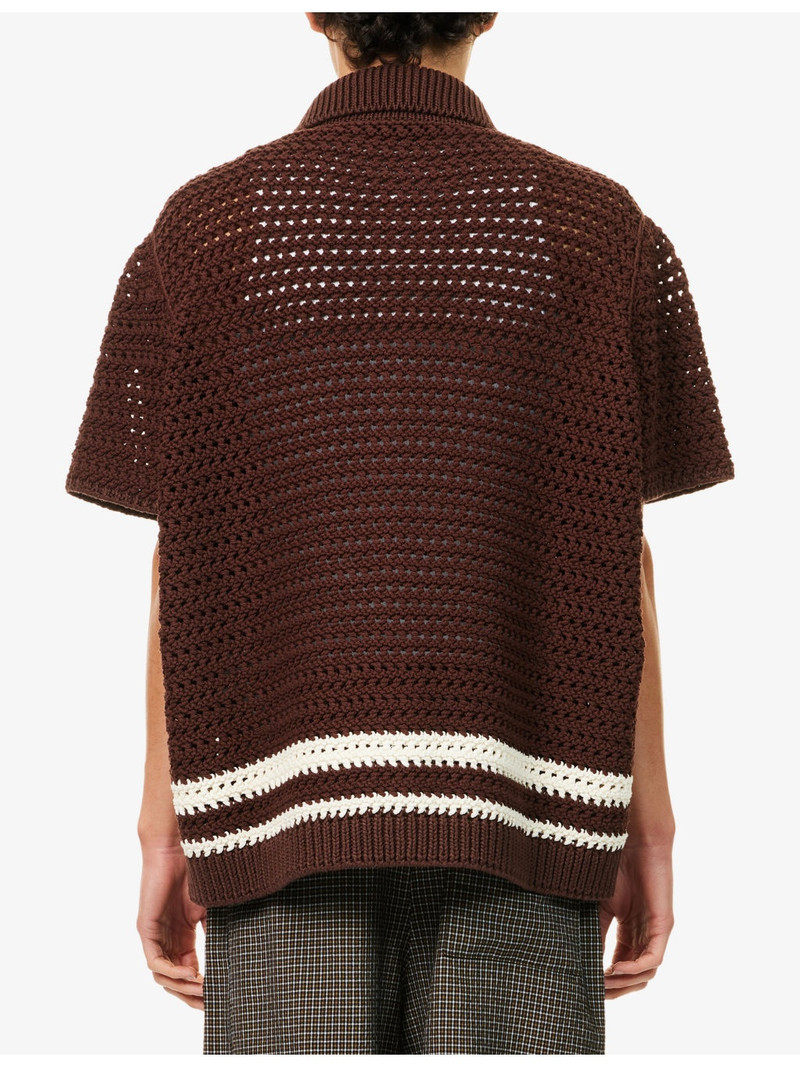 Stripe-Pattern Short-Sleeve Knitted Cotton Polo Shirt 4