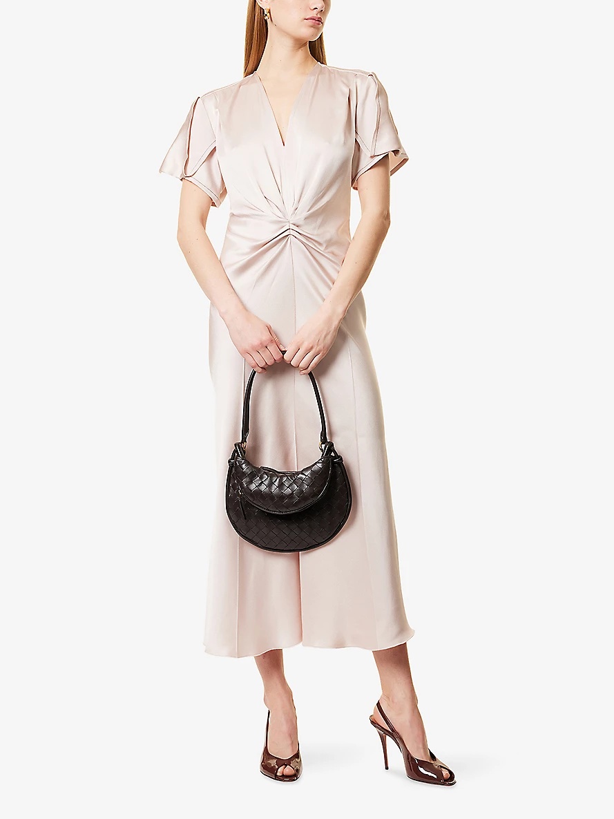 Draped Pleat V-Neck Satin Midi Dress - 2