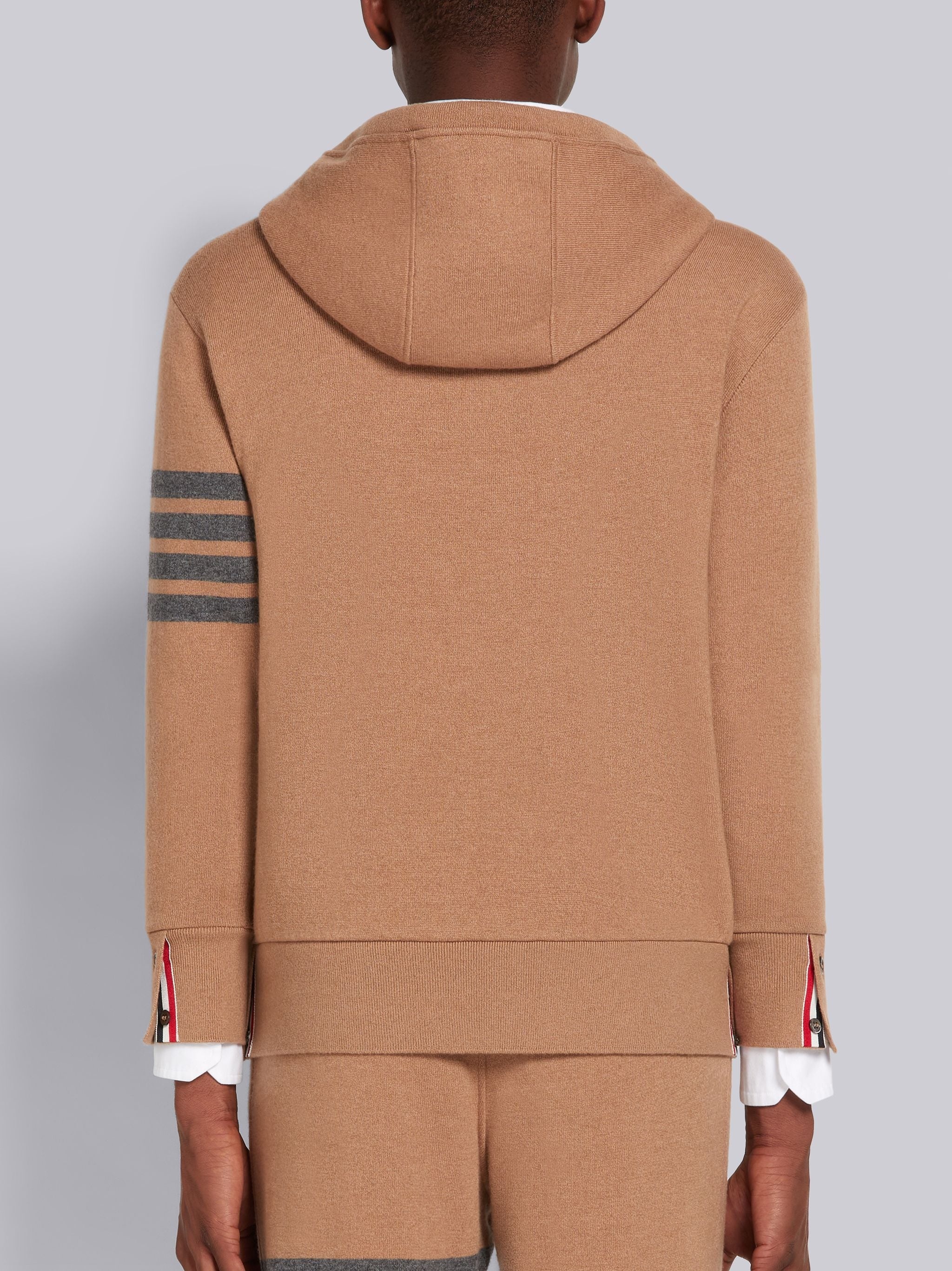 Camel Knitted Double Face Cashmere 4-Bar Stripe Relaxed Fit Hoodie Pullover - 3