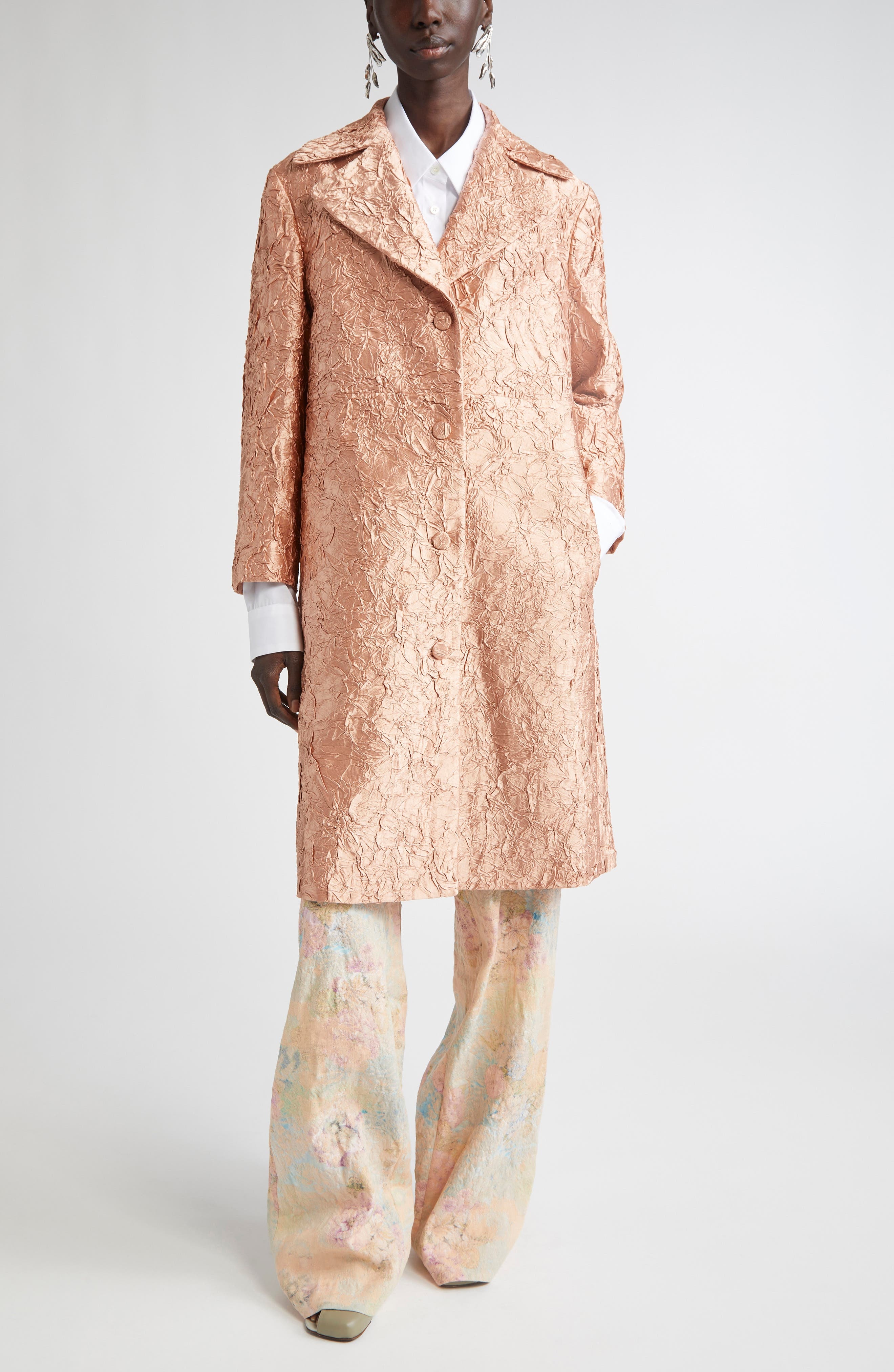 Dries Van Noten Crinkle Finish Velveteen Coat in Peach at Nordstrom - 2