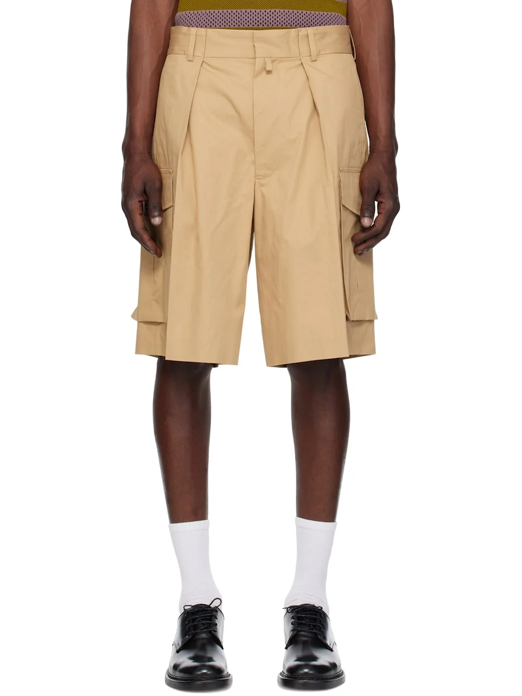 Beige Pleated Cargo Shorts - 1