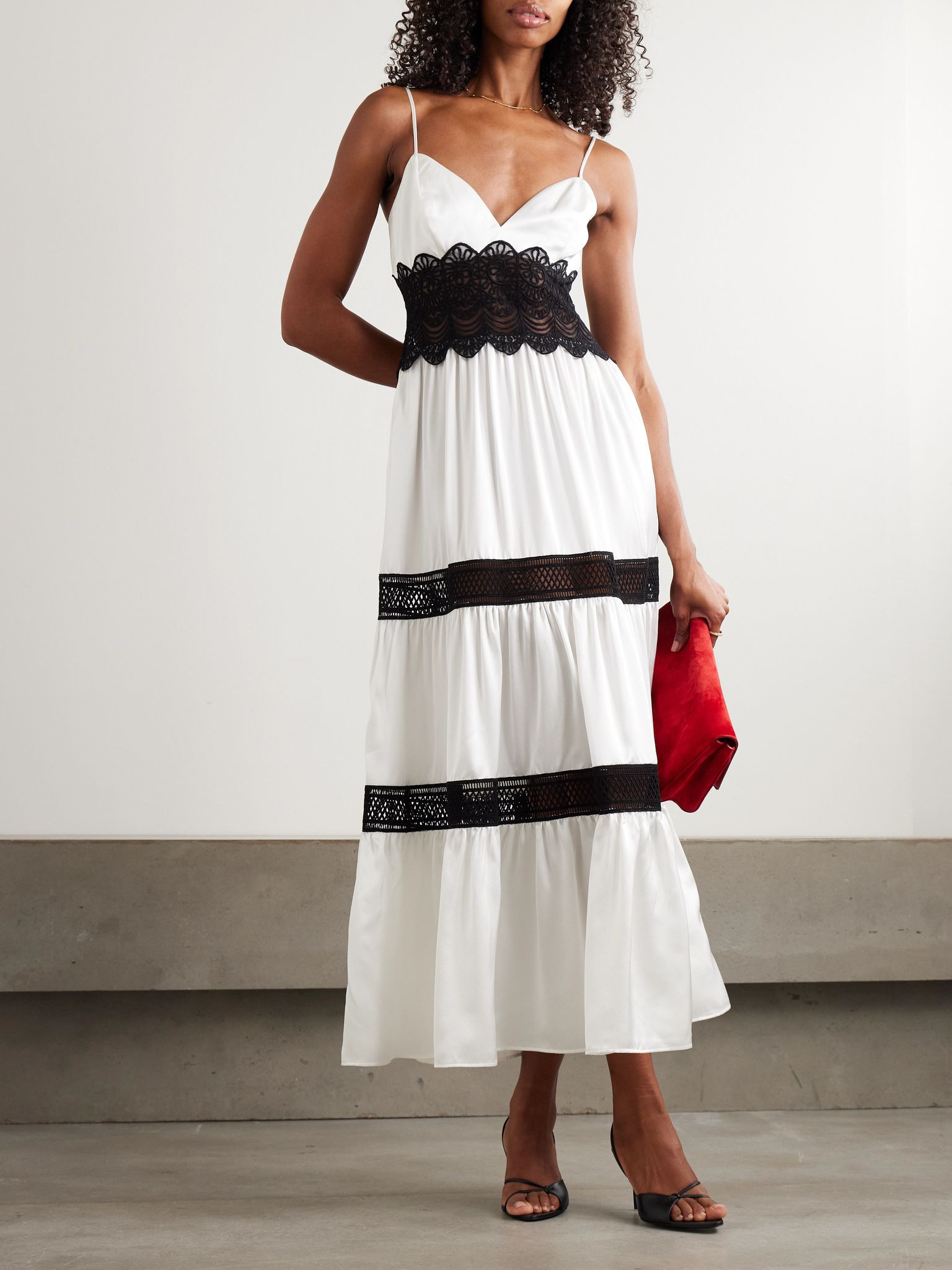 Demi tiered lace-trimmed silk-satin midi dress White - 2