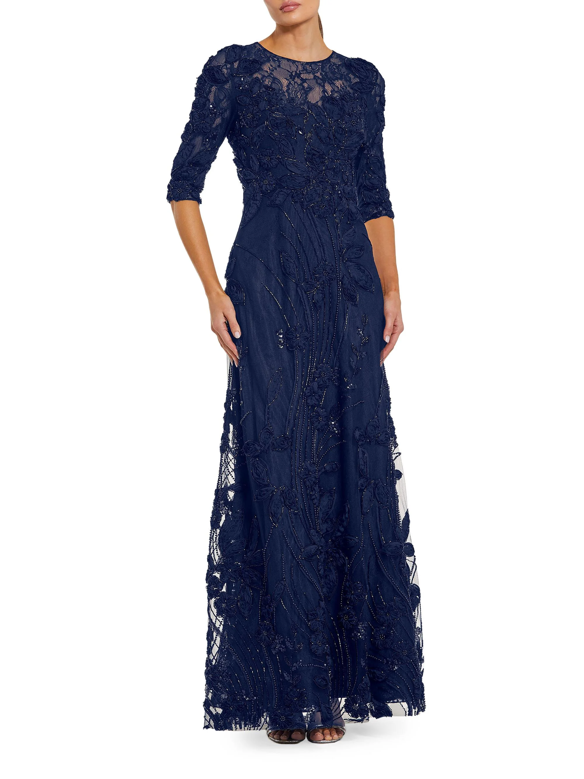 Women's Embellished Appliquéd Lace Gown - Navy - 1