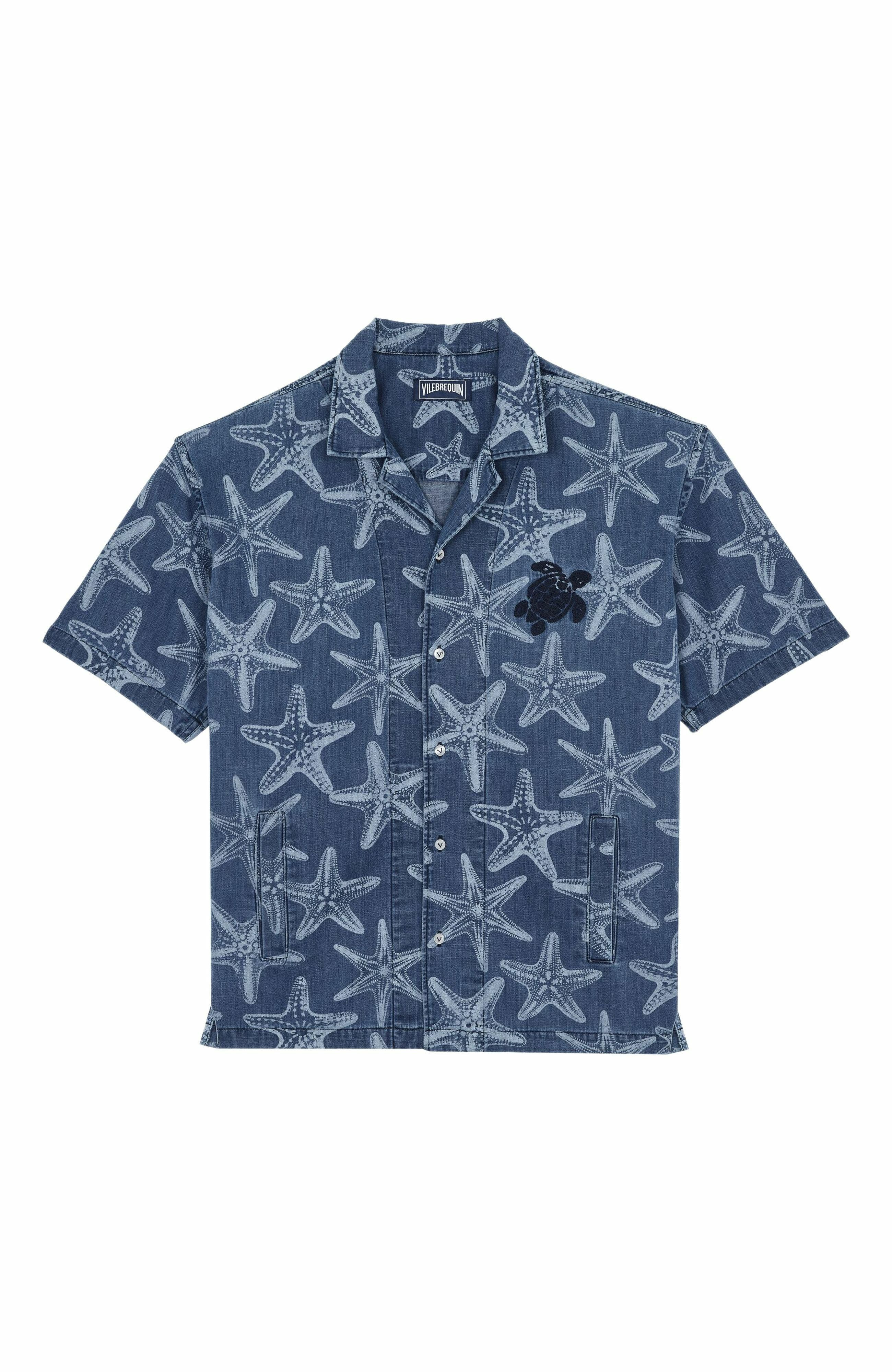 Vilebrequin Men's Starfish Light Printed Denim Bowling Shirt in Bleach Denim W4 at Nordstrom - 2