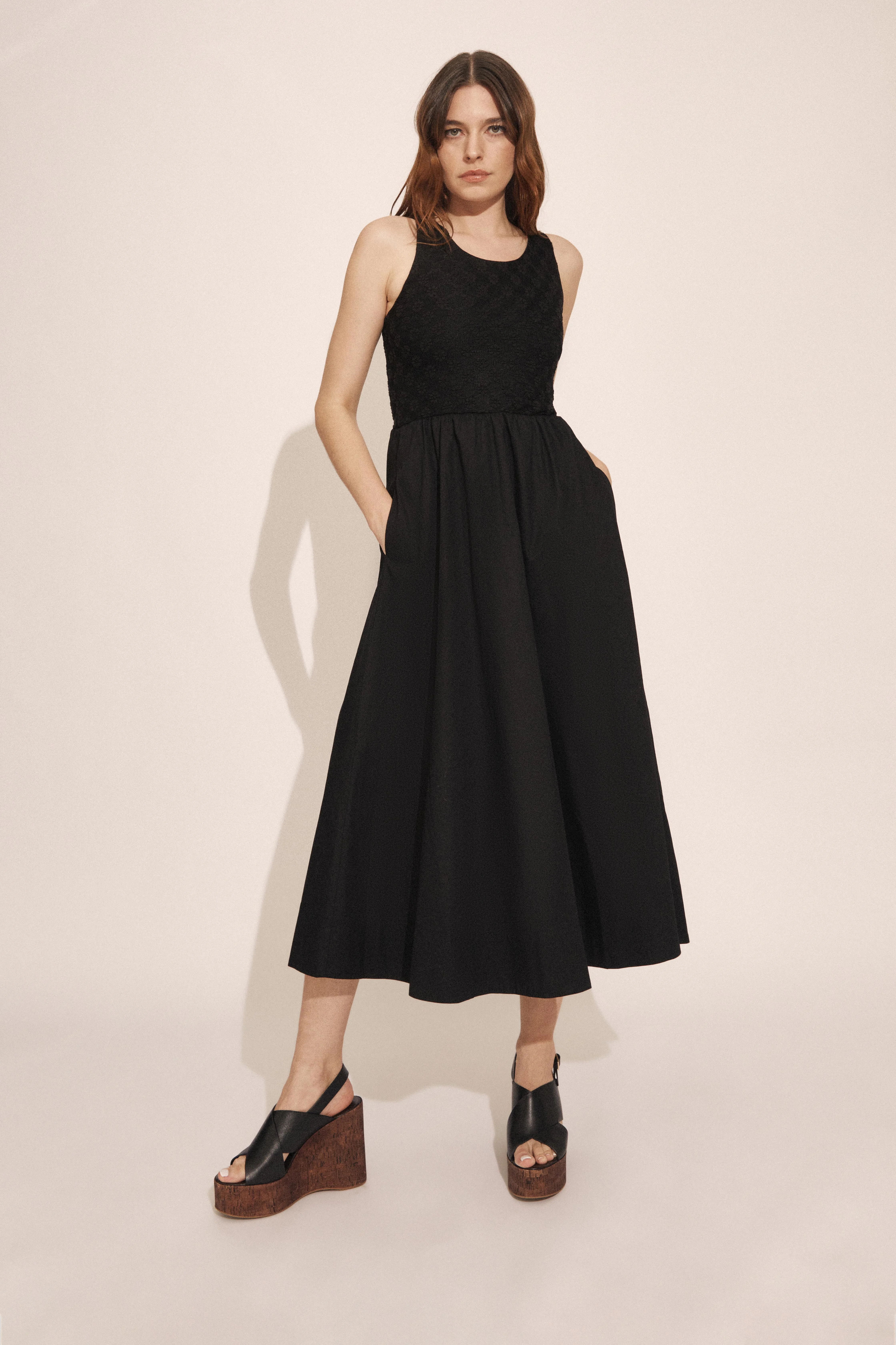 Brony Lace Poplin Midi Dress In Black - 1
