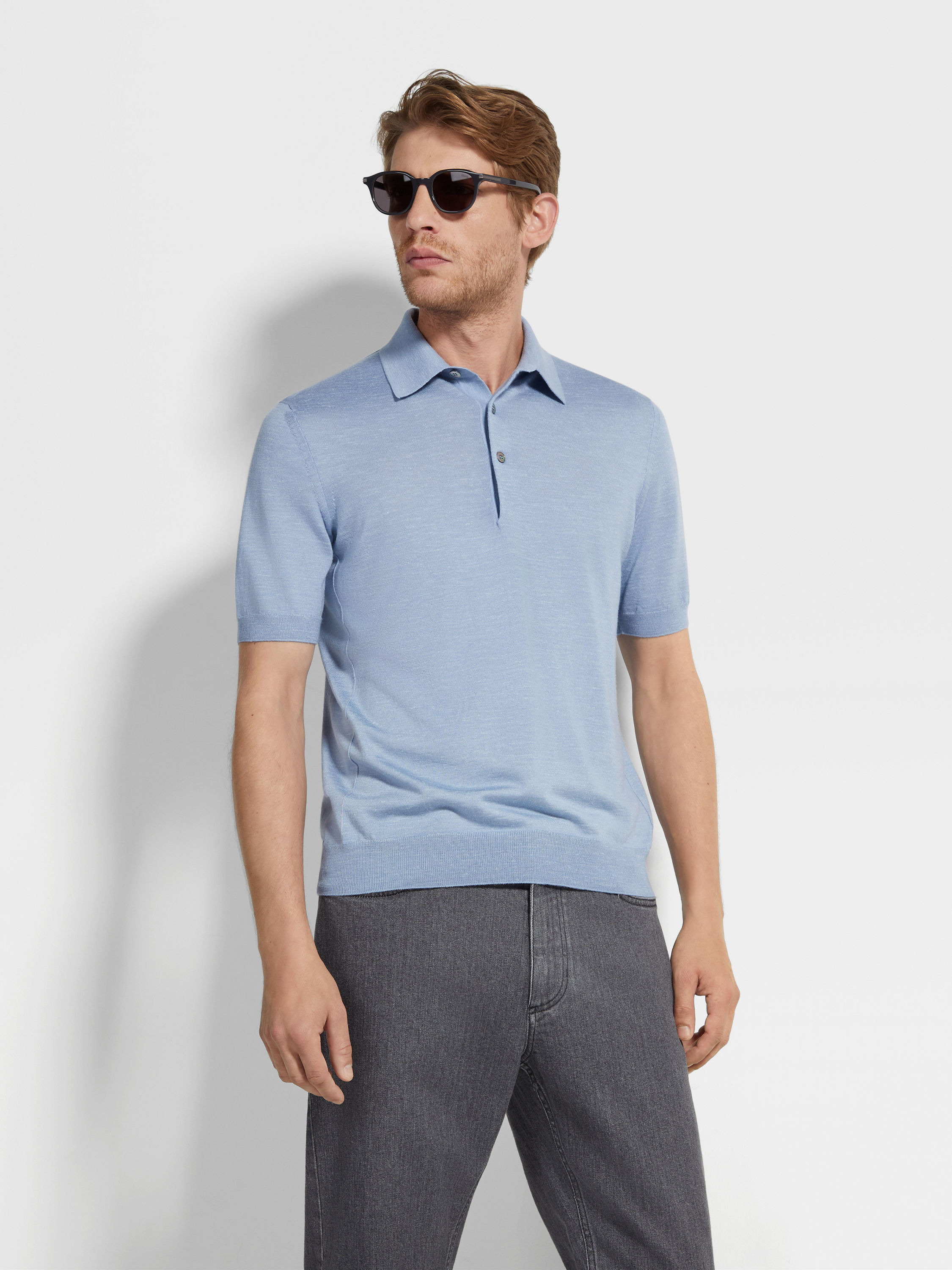 LIGHT BLUE MÉLANGE SILK CASHMERE AND LINEN POLO SHIRT - 3