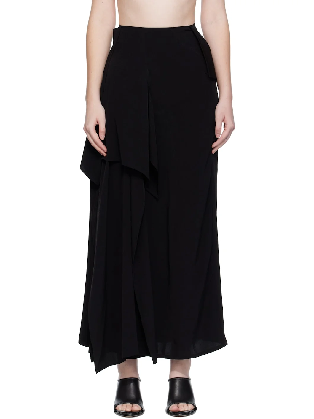Black Draped High Waist Midi Skirt - 1