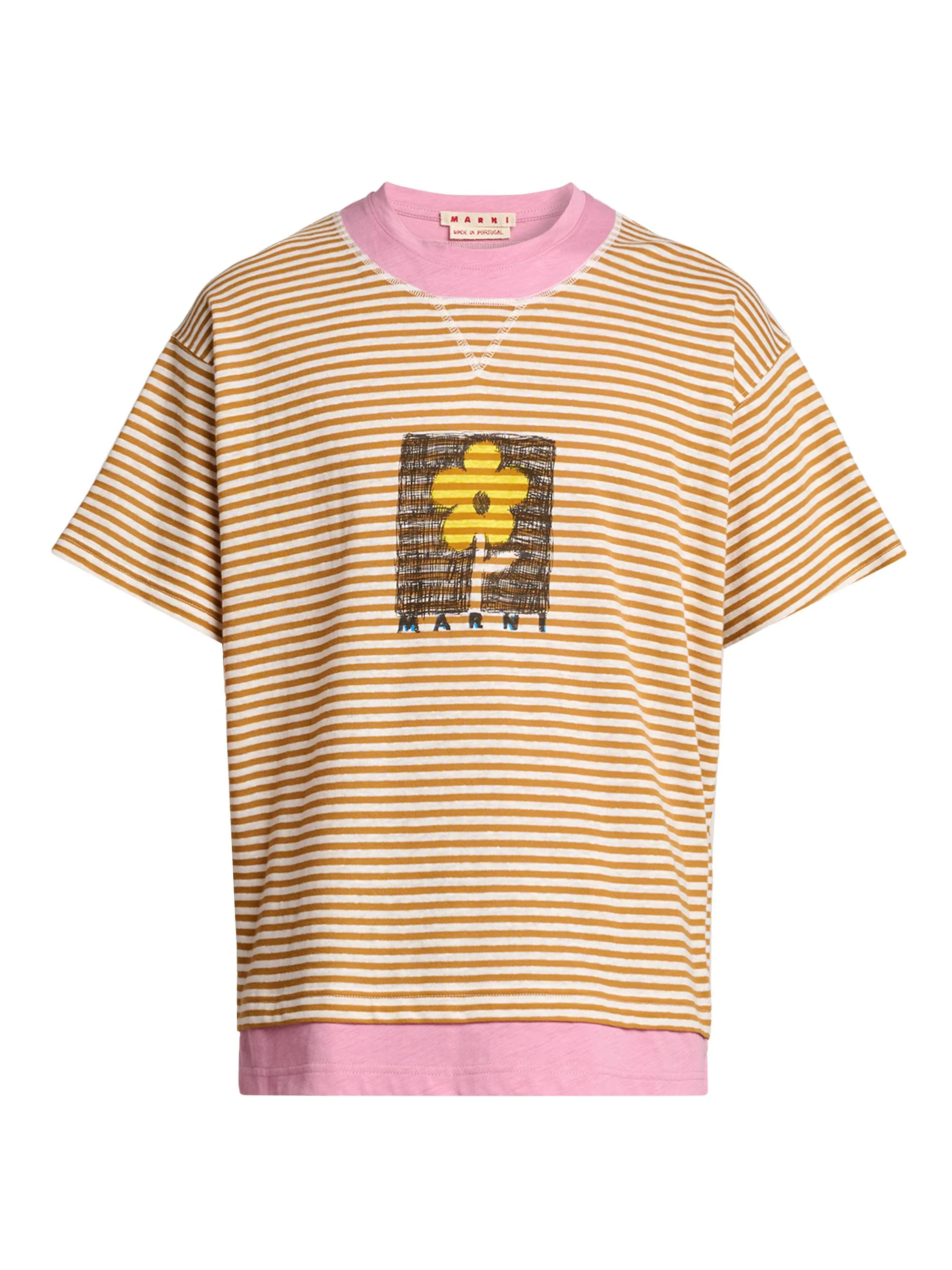 Men's Striped Floral Sketch Linen-Cotton T-Shirt - Mustard - 1
