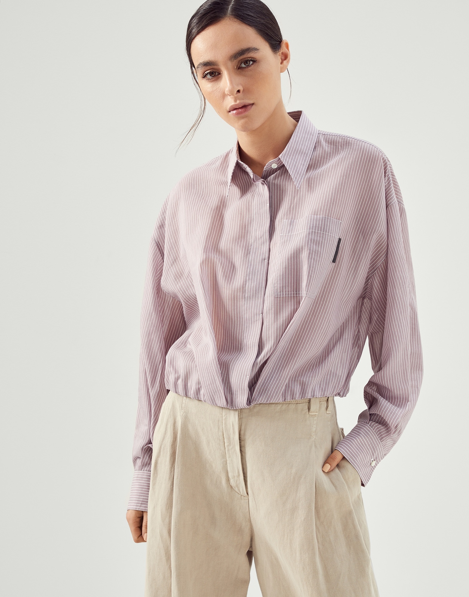 Cotton and silk shadow stripe organza shirt with shiny tab - 1