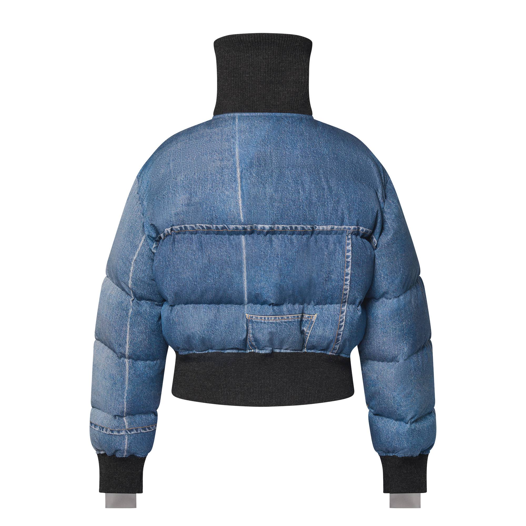 Denim Print Cropped Puffer Jacket - 3