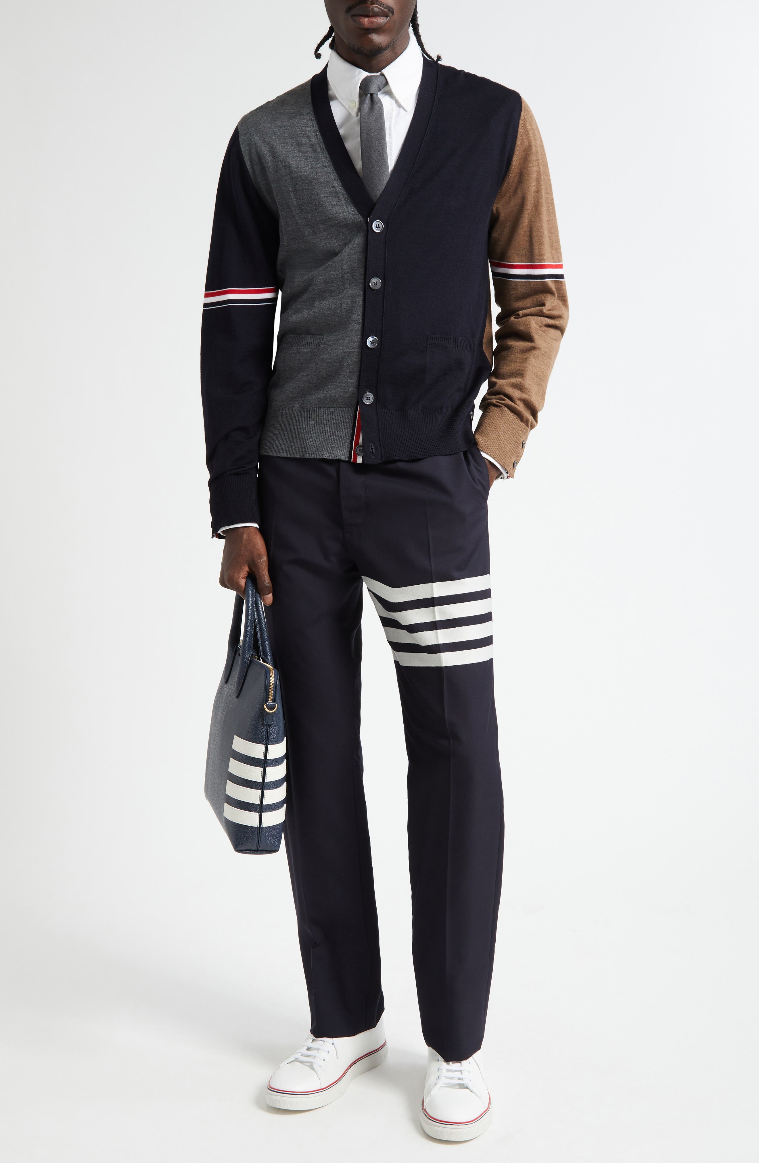 Thom Browne Fun-Mix Colorblock Relaxed Virgin Wool Cardigan in Navy/Grey/Brown at Nordstrom - 2