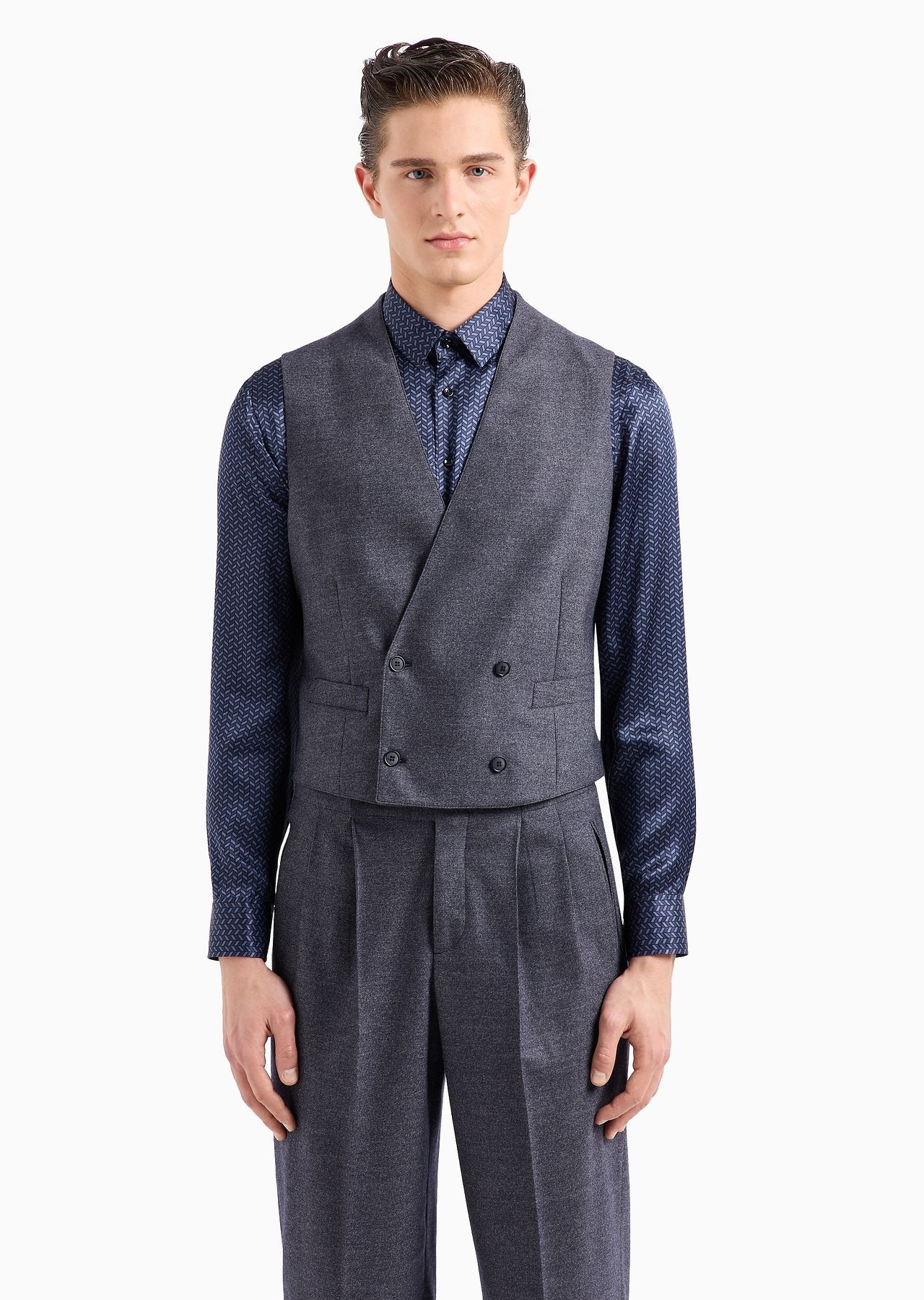 Double breasted waistcoat in denim-effect virgin wool and cashmere - 2