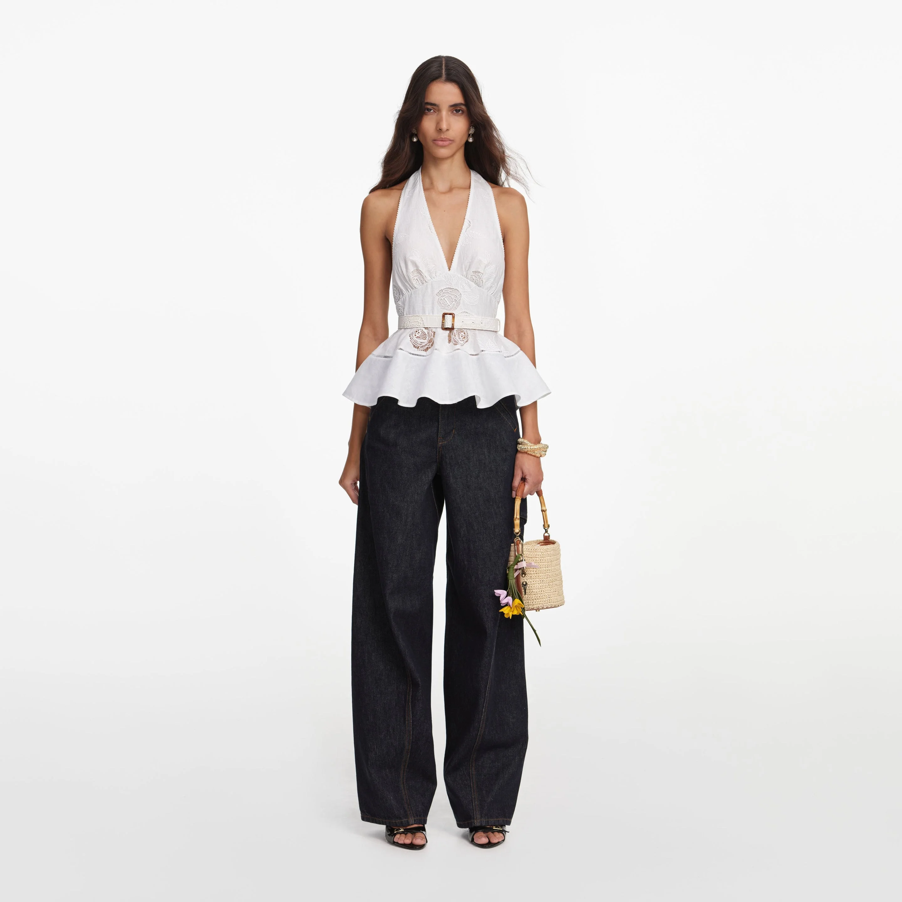 White Linen Blend Peplum Top - 1