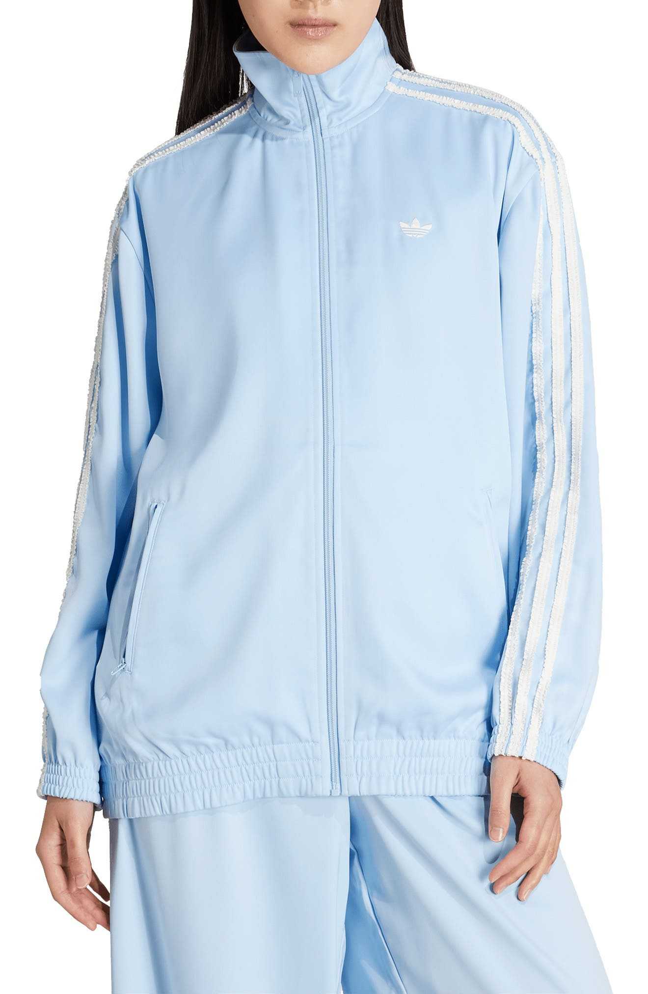 adidas Ruffle 3-Stripes Satin Track Jacket in Clear Sky at Nordstrom - 1