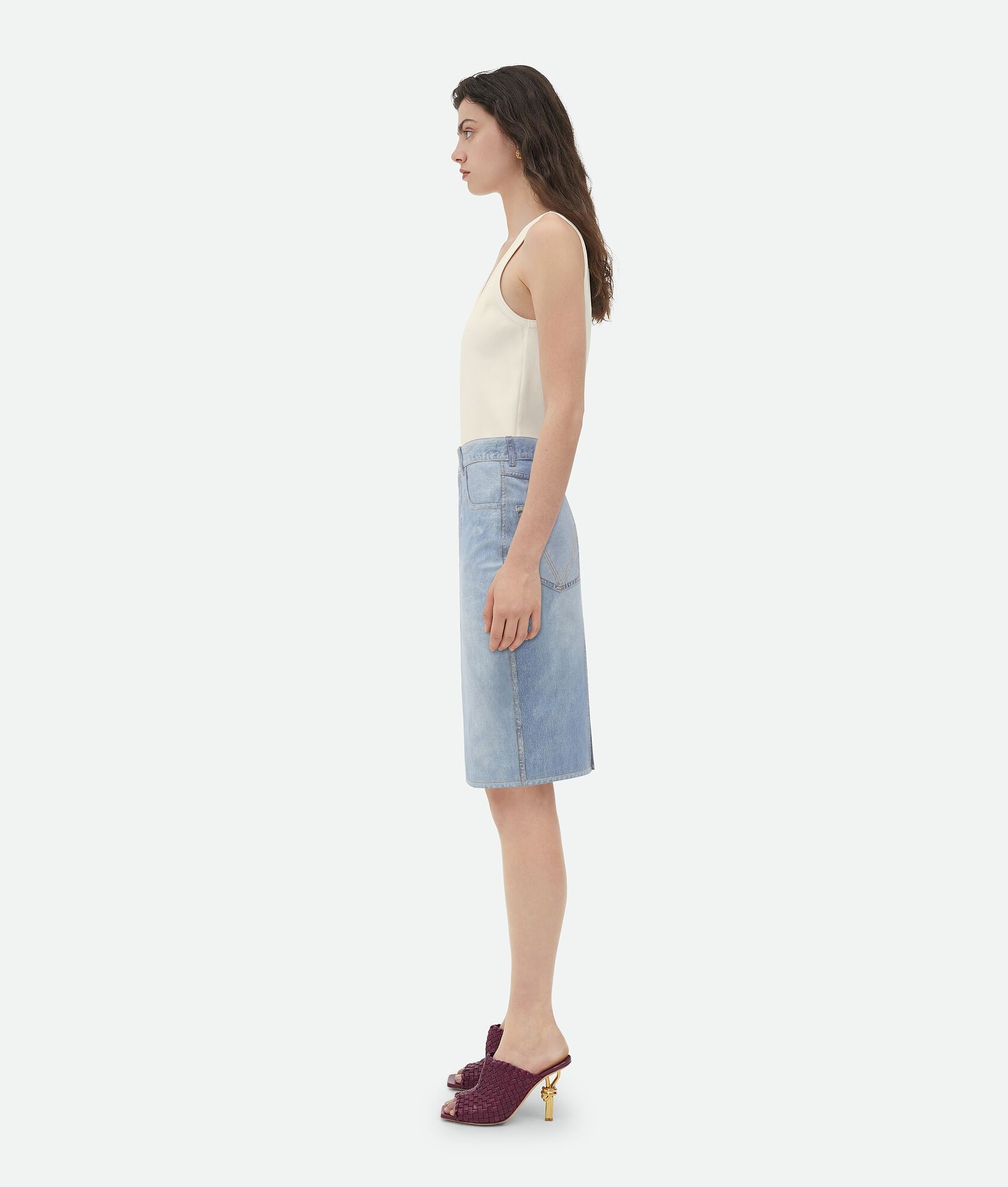 Printed Leather Denim Midi Skirt - 2
