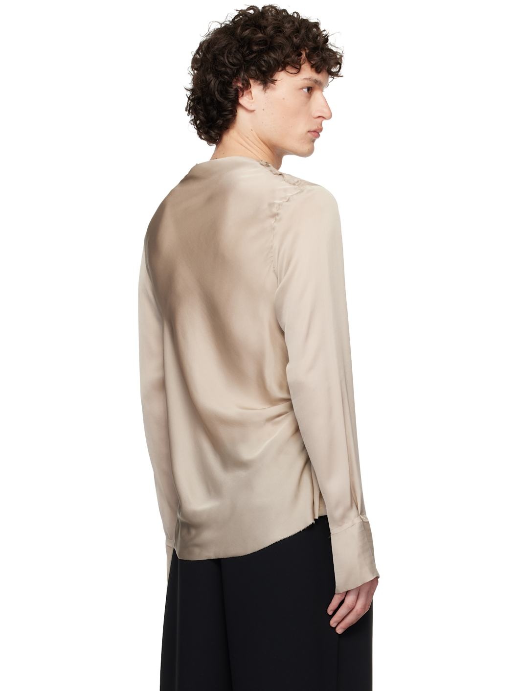 Taupe Draped Neck Long Sleeve Silk Blouse - 3