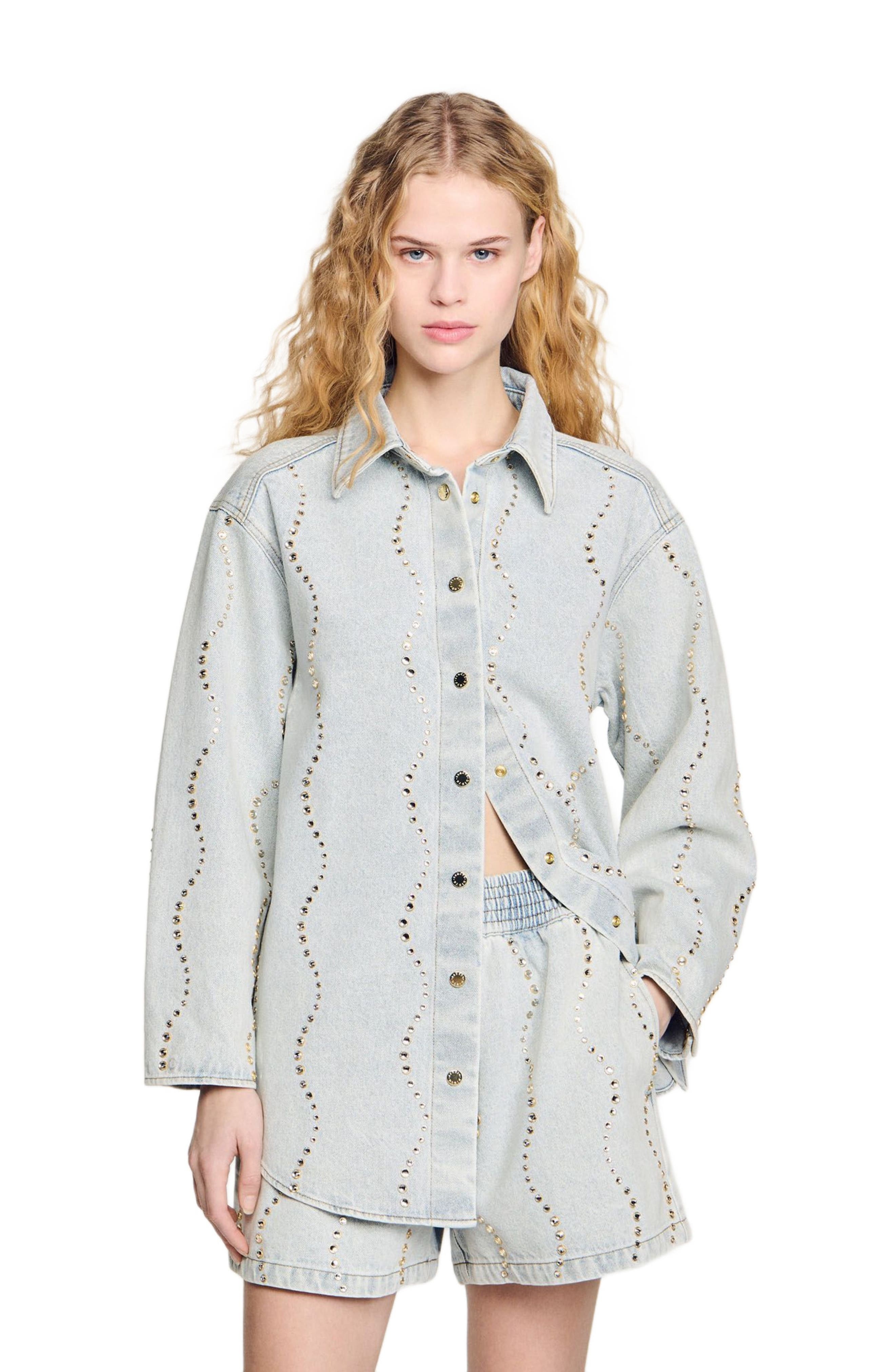 SANDRO Denim shirt with rhinestones in Light Bu Jean at Nordstrom - 1