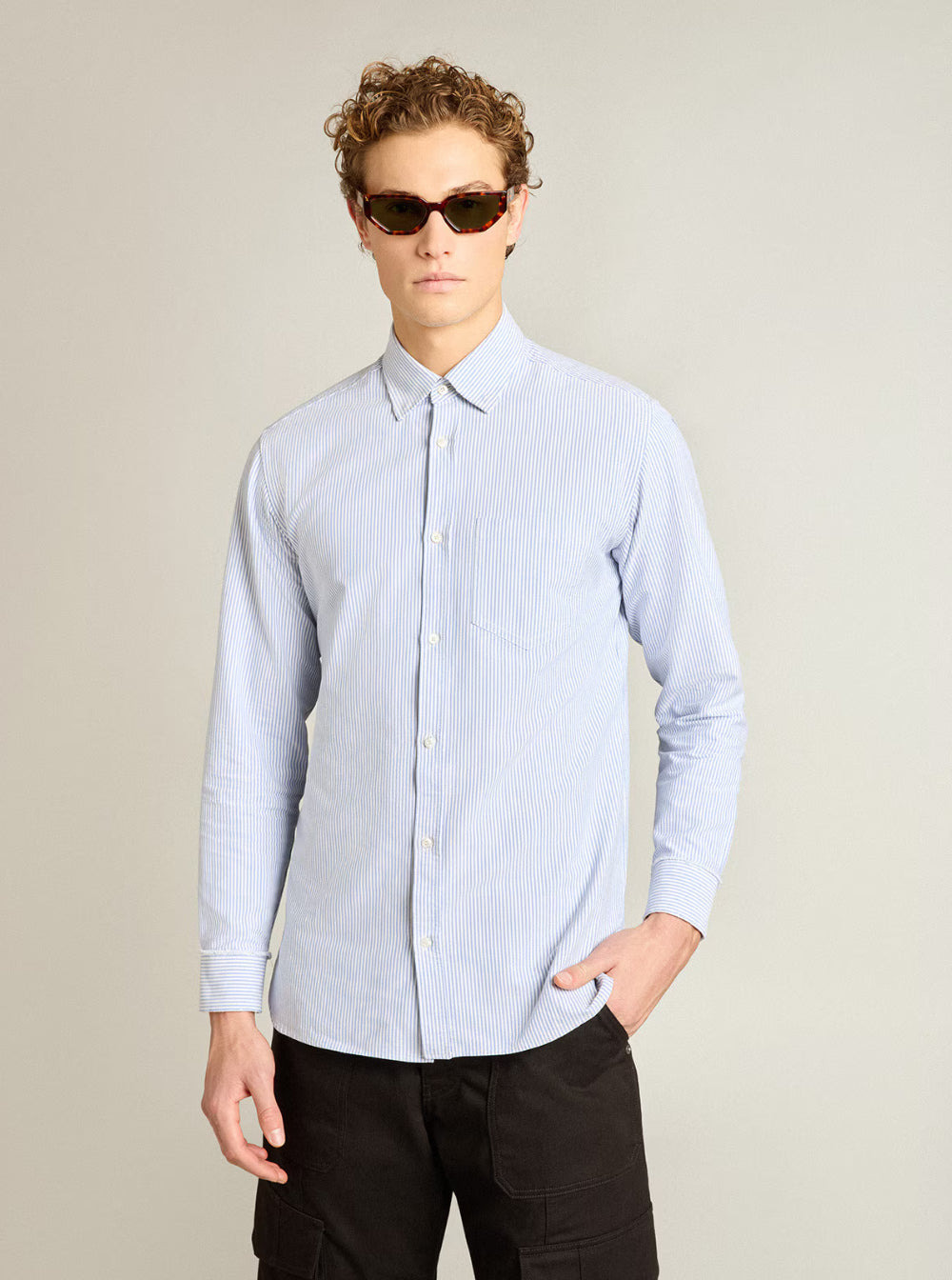 Golden Goose Men Light Blue Shirt With Classic Collar And All-Over Striped Motif In Cotton Man - 5