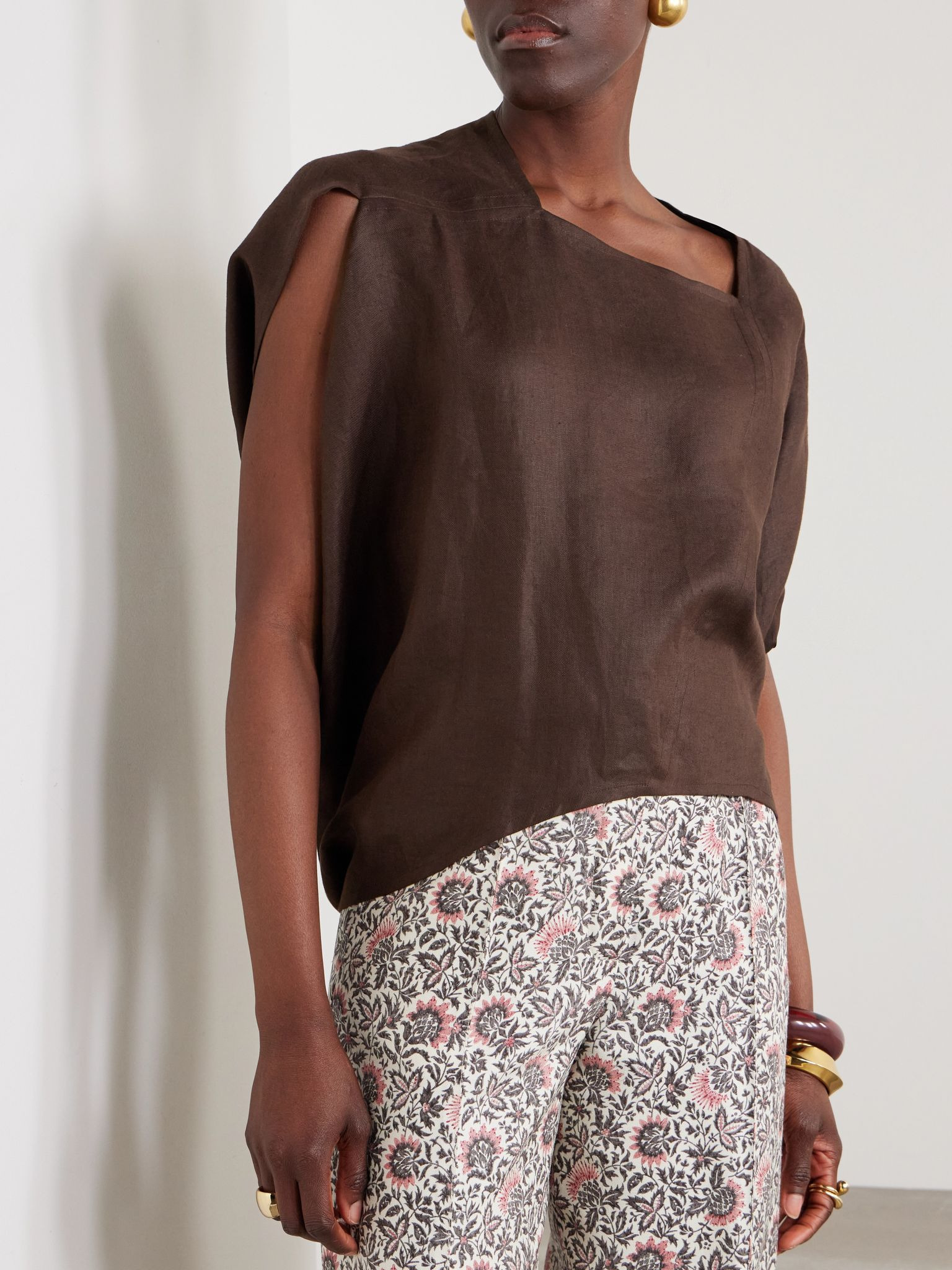 Gaia asymmetric linen blouse Brown - 3