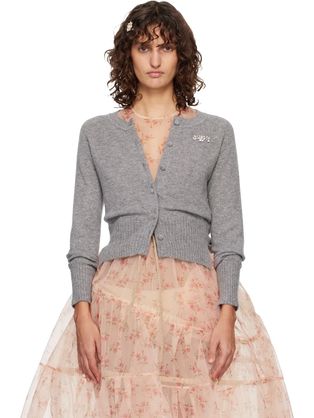Gray Embellished Relaxed Cashmere Cardigan - 1