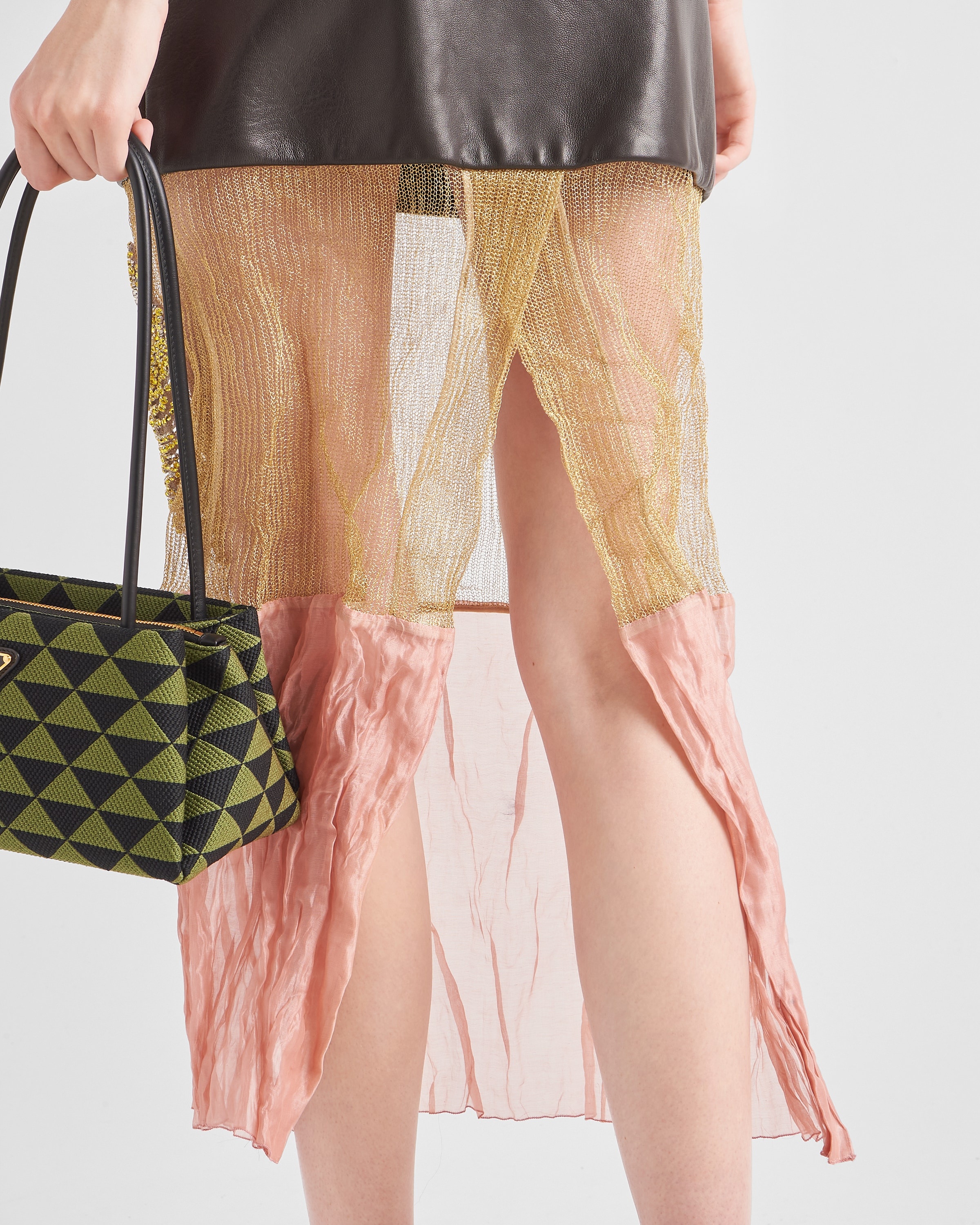 Embroidered mesh and leather midi-skirt - 4