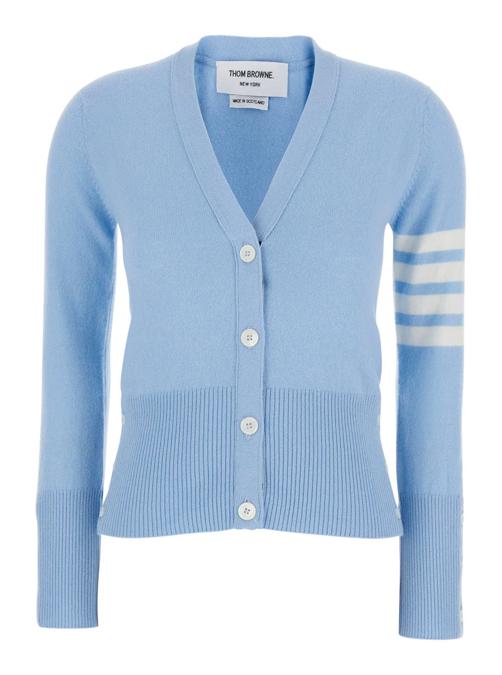 V-Neck Cardigan with 4Bar Logo on Sleeve in Blue Cashmere for Women Light Jersey - 1