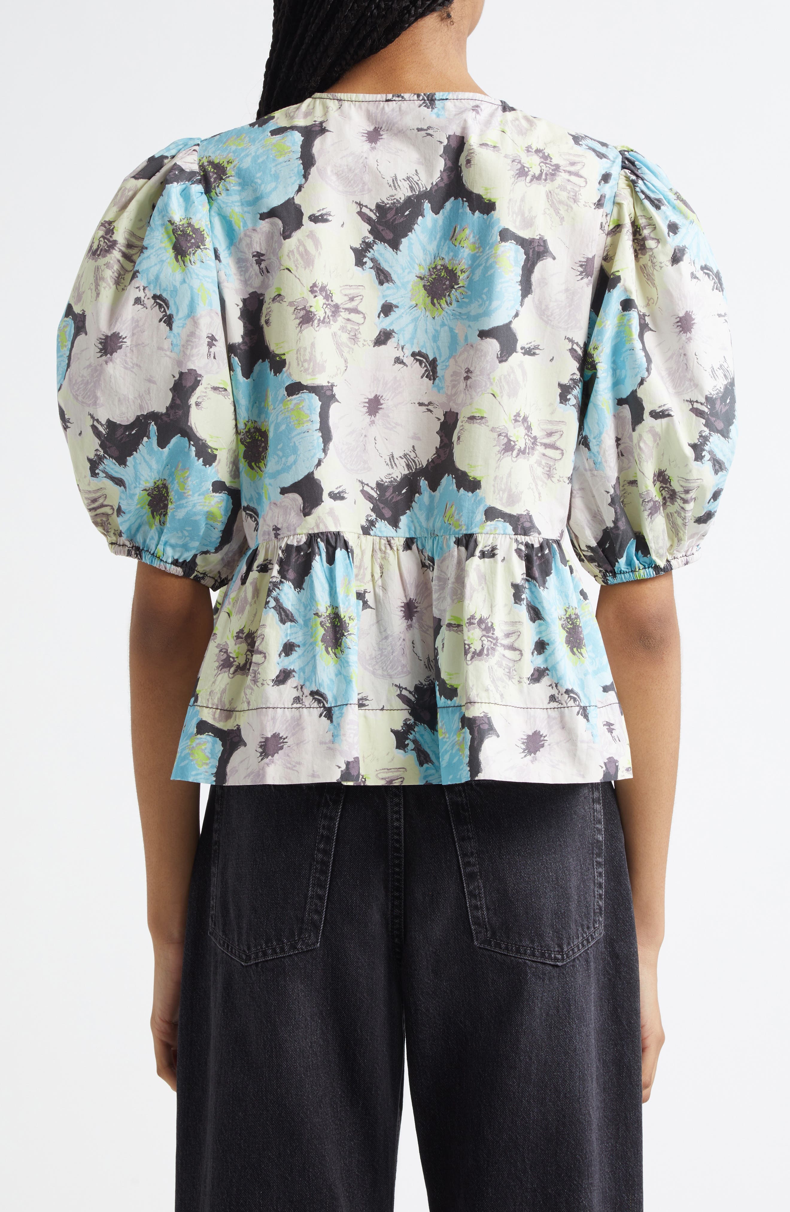 Ganni Print Puff Sleeve Peplum Organic Cotton Top in White Multicolor at Nordstrom - 2