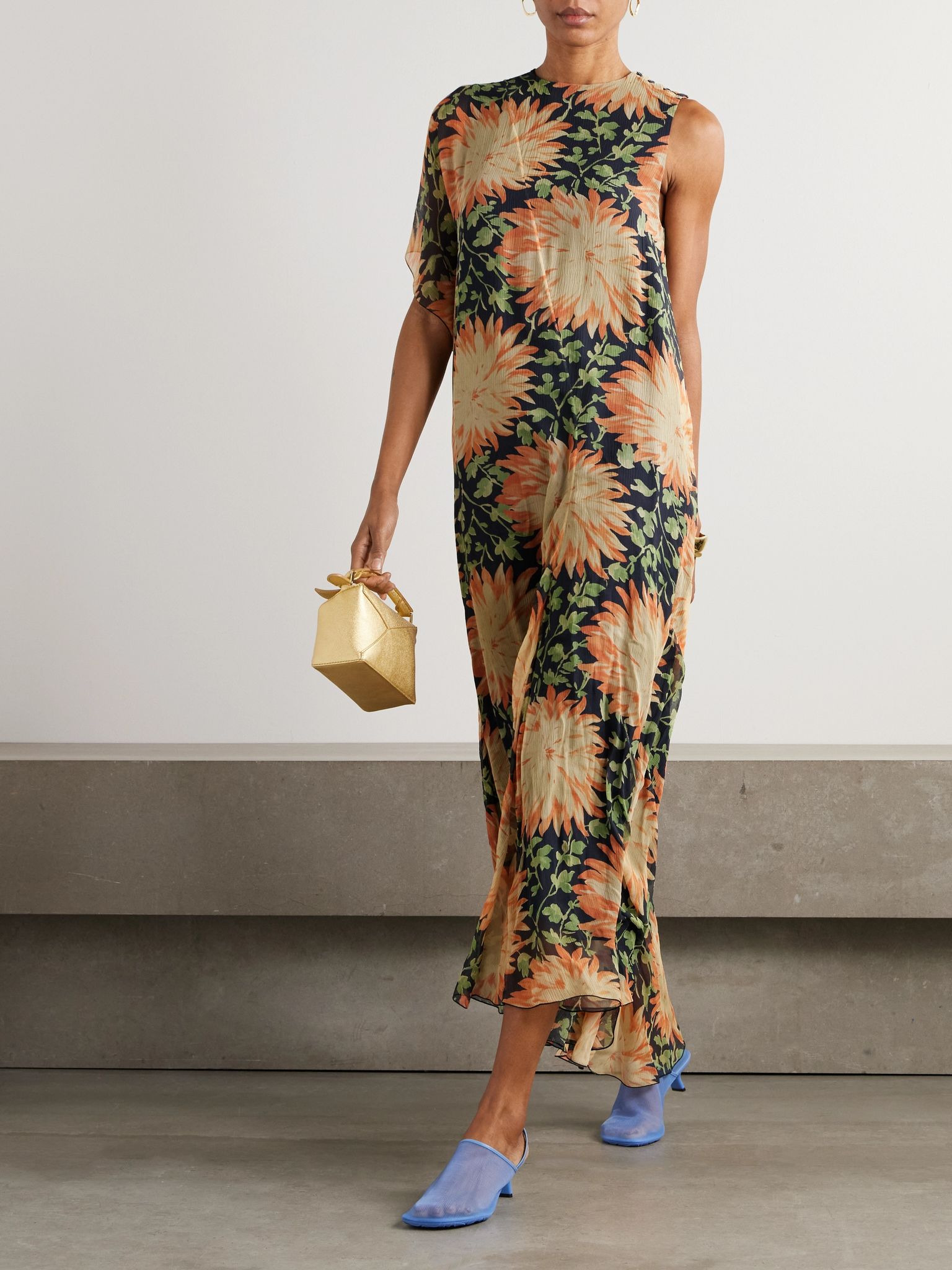 One-sleeve asymmetric floral-print silk-crepon dress Orange - 2
