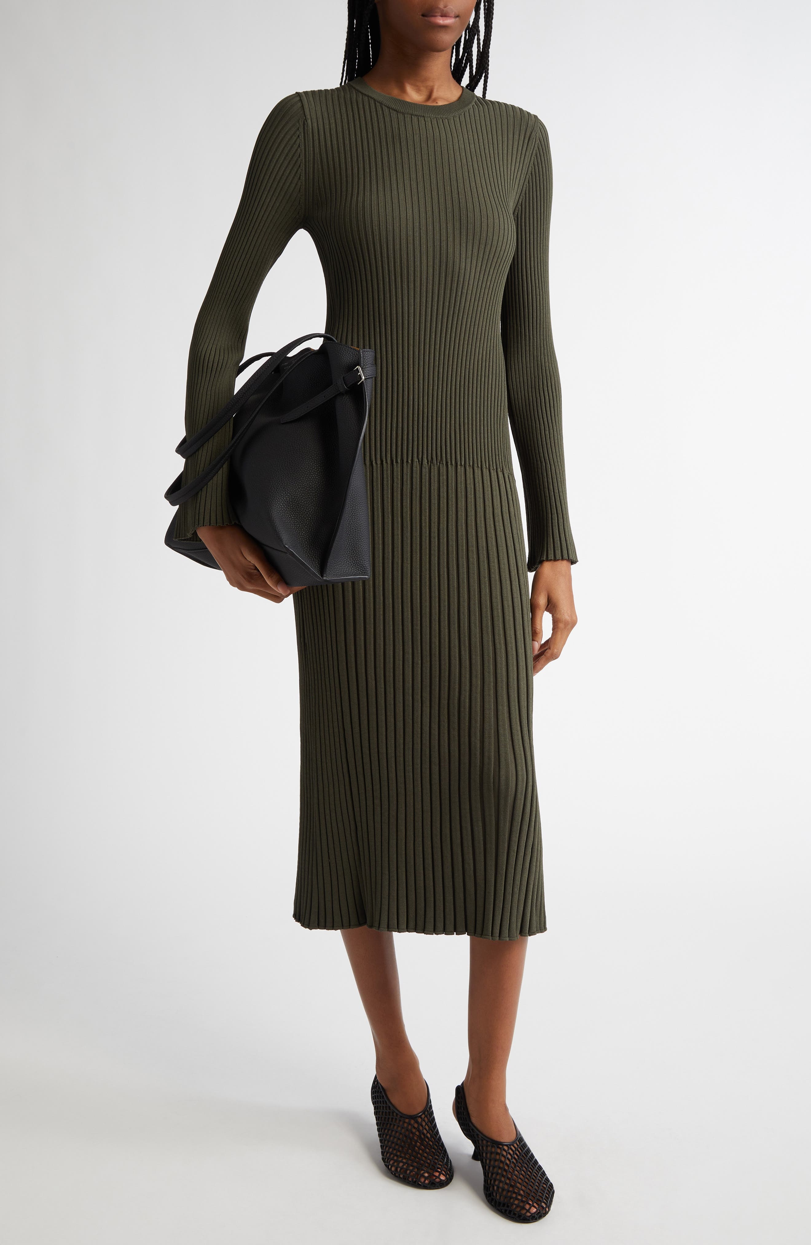 Proenza Schouler Kenna Long Sleeve Rib Midi Dress in Fatigue at Nordstrom - 1