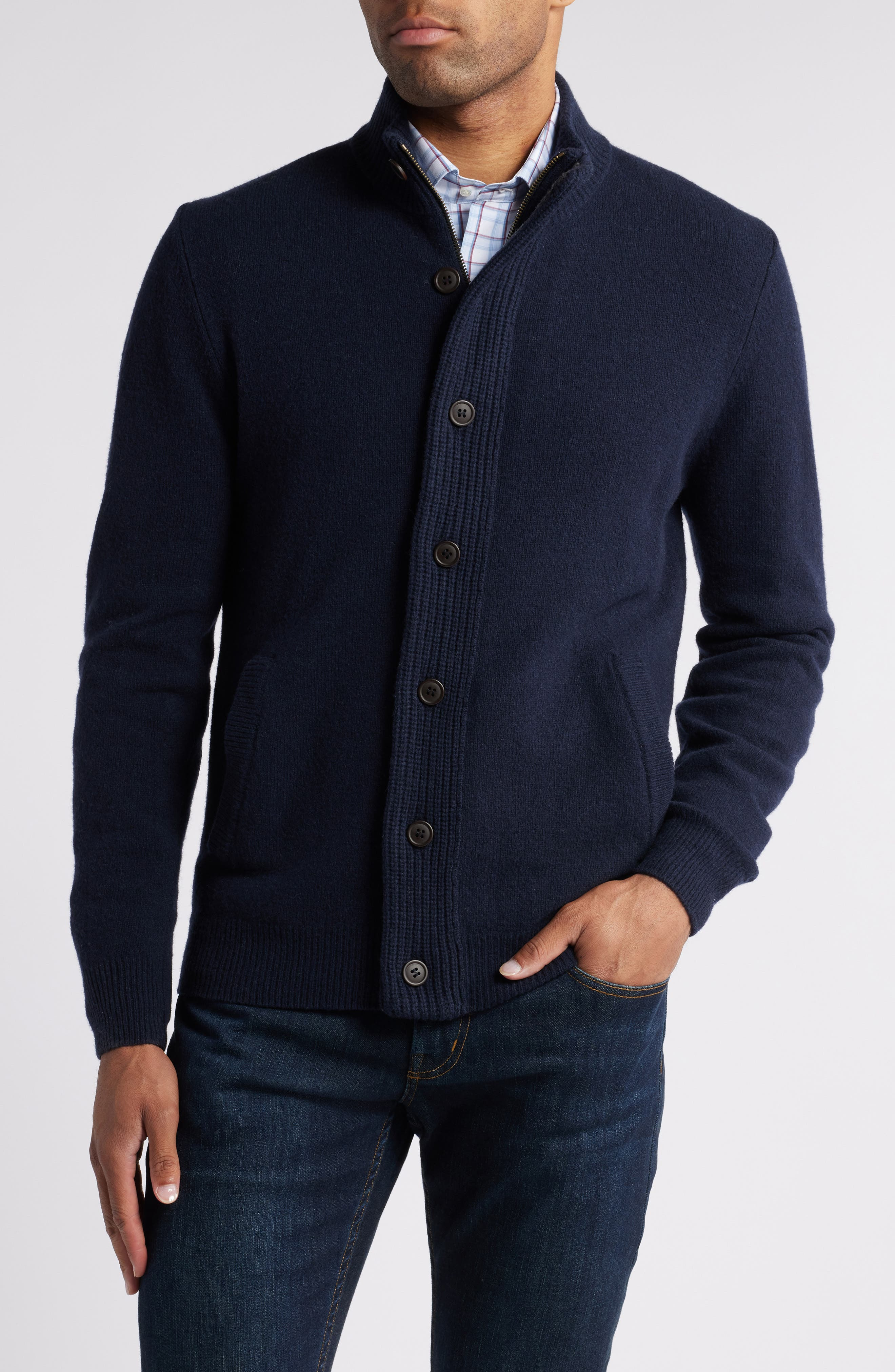 Barbour Wool Button & Zip Front Cardigan in Navy at Nordstrom - 4
