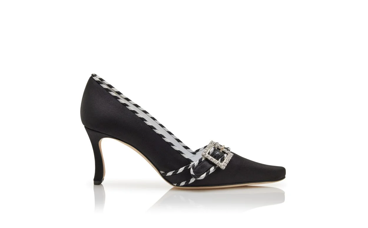 Black Satin Crystal Buckle Detail Pumps - 1