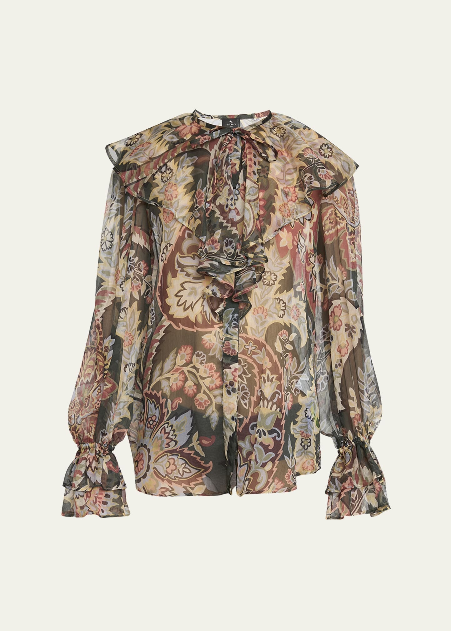 Printed Ruffle Button Down Silk Blouse - 1