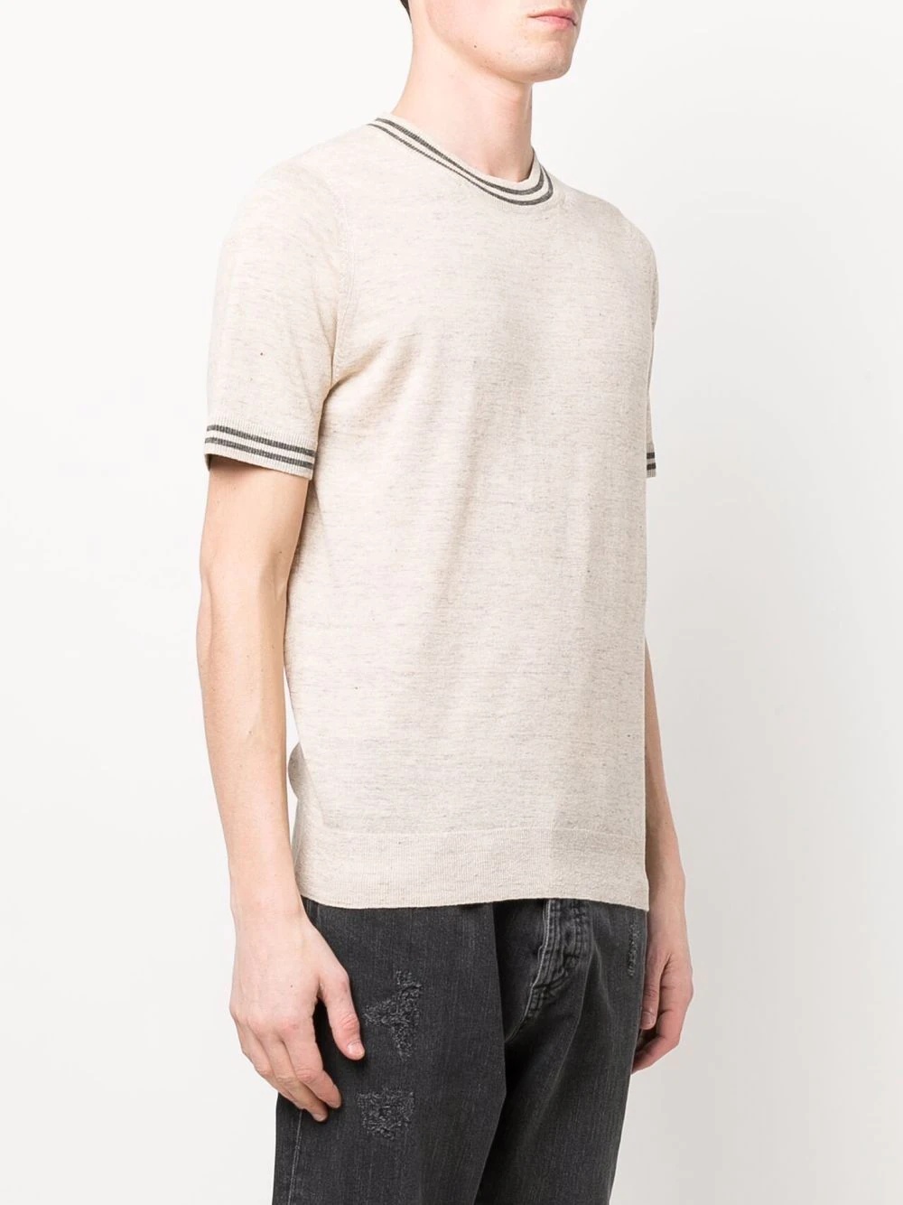 stripe-trim fine-knit T-shirt - 3