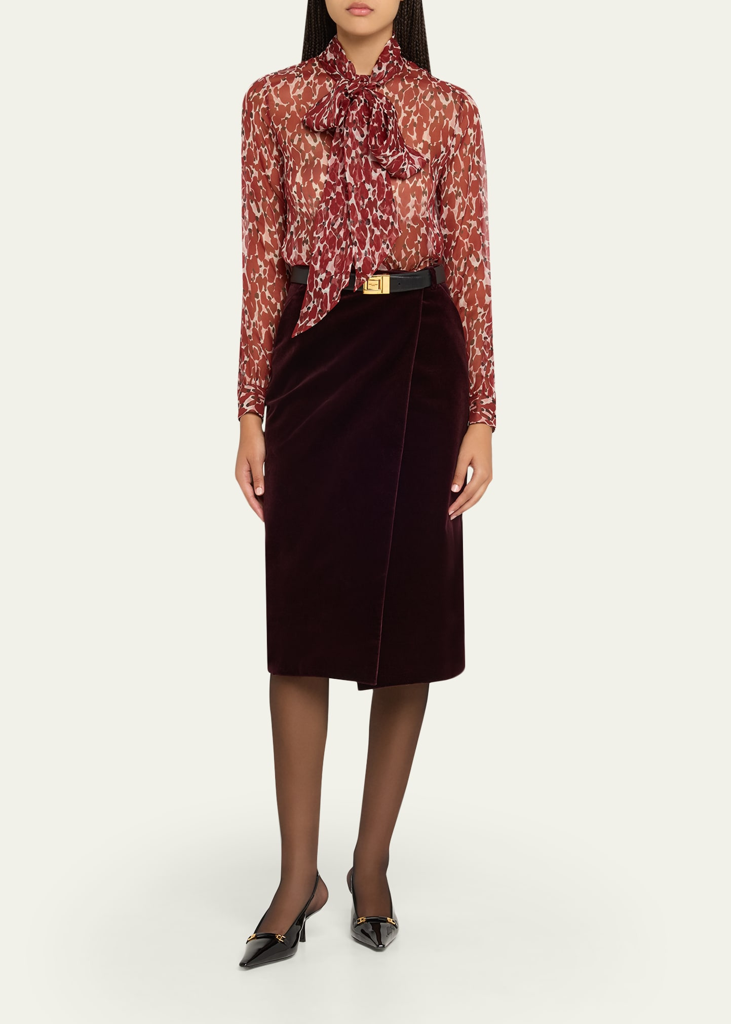 Semi-Sheer Printed Tie Neck Blouse - 2