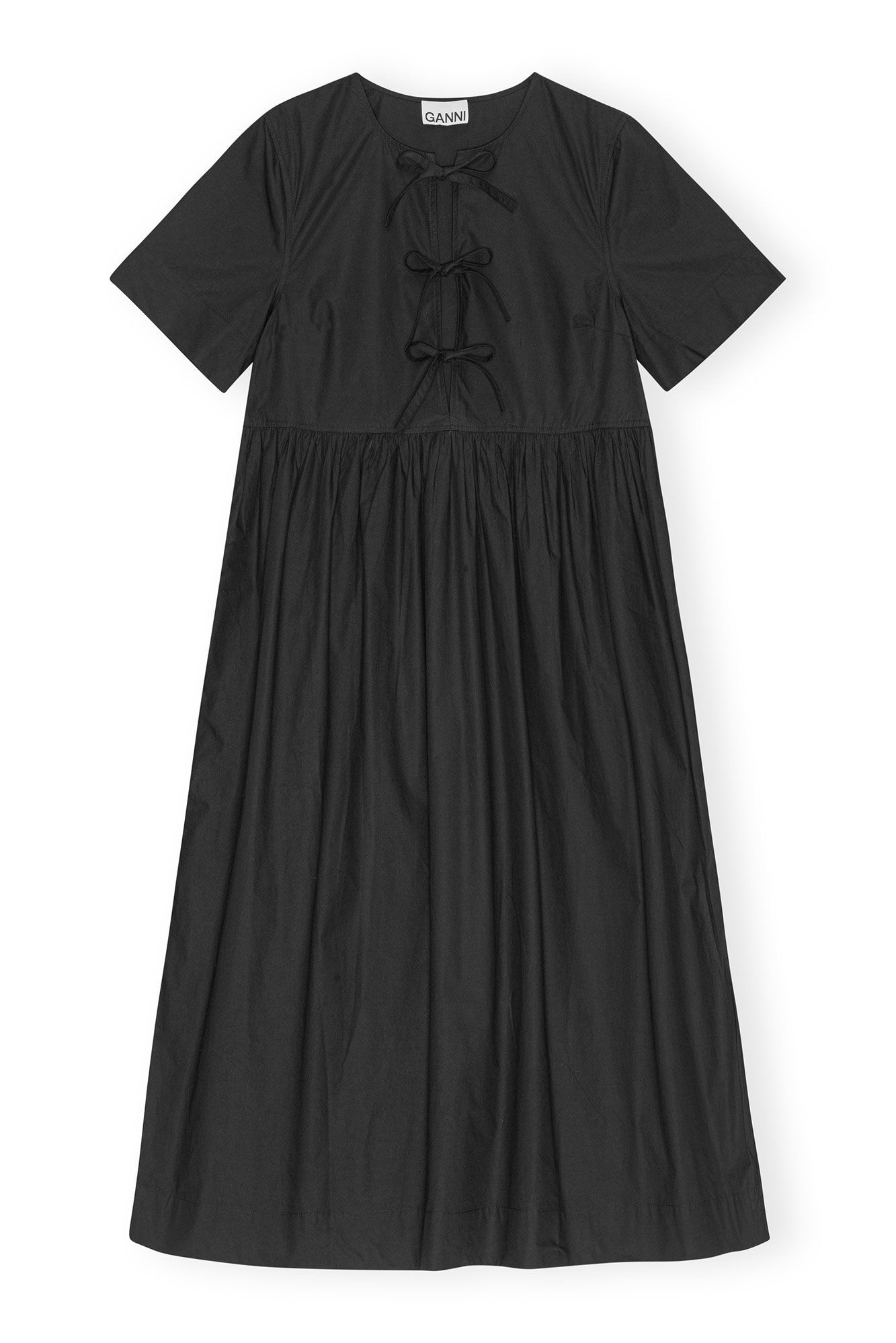 BLACK COTTON POPLIN LONG TIE STRING DRESS - 6