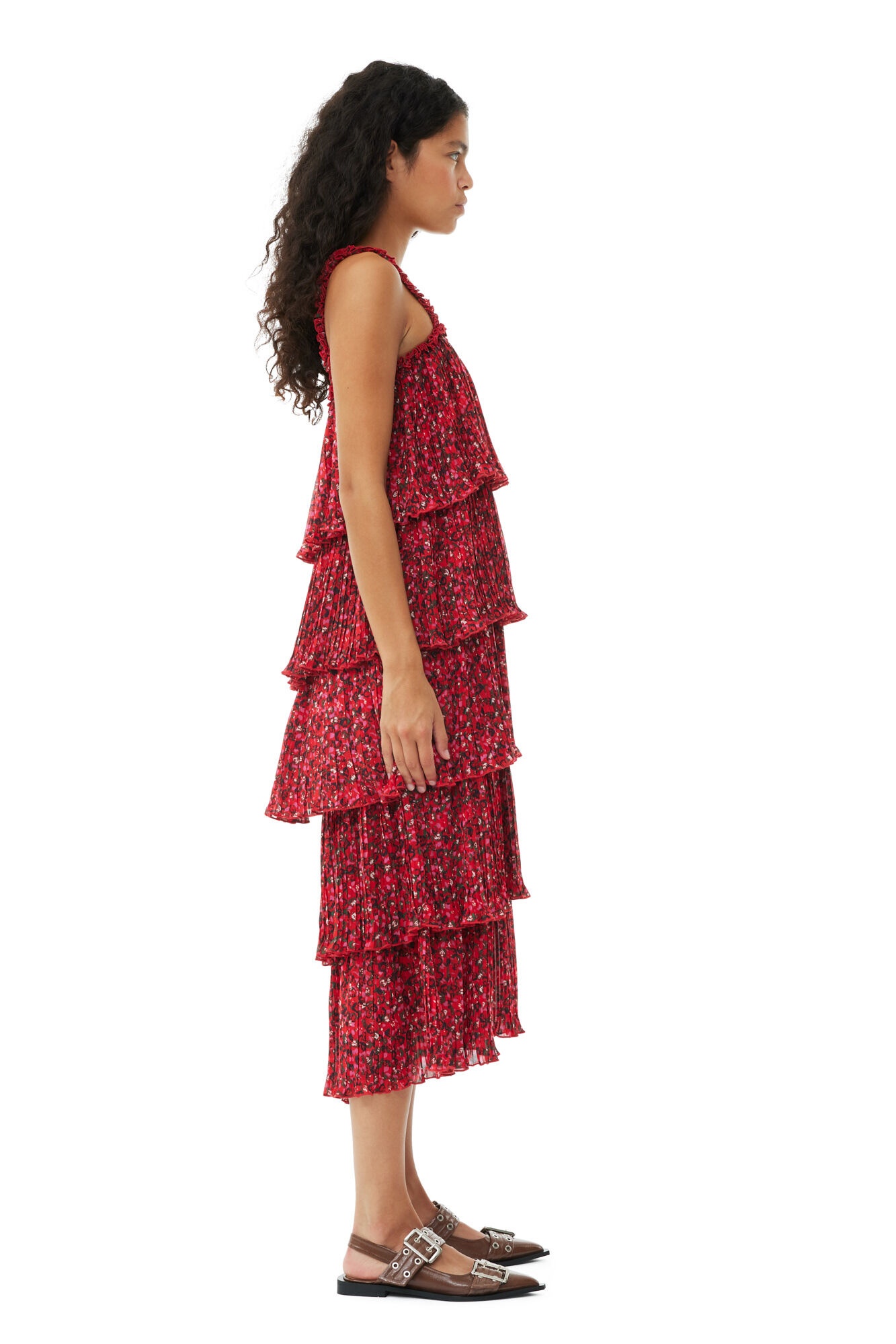 RED PLEATED GEORGETTE FLOUNCE STRAP MIDI DRESS - 4