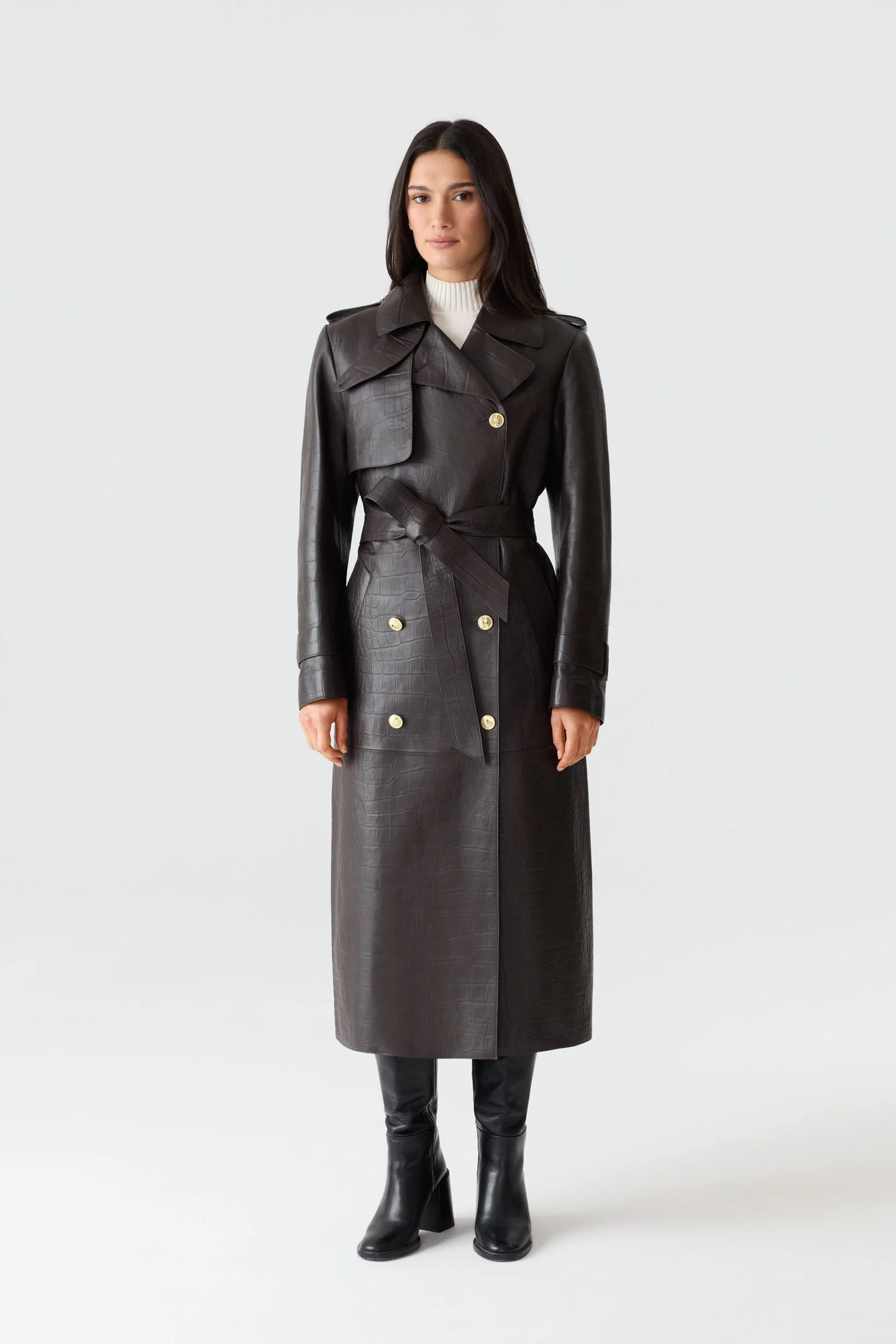 GAEL-NV Croc-Embossed Maxi Leather Trench Coat - 1
