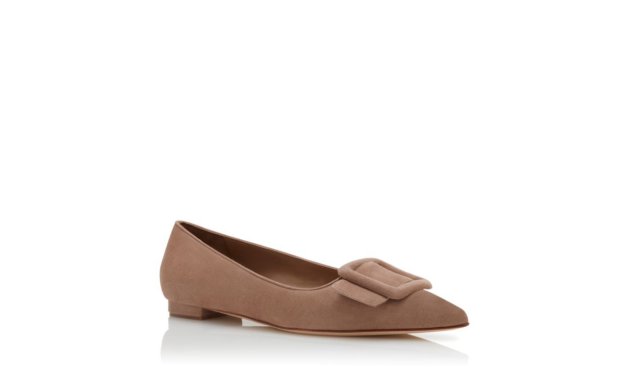 Beige Suede Buckle Detail Flat Pumps - 3