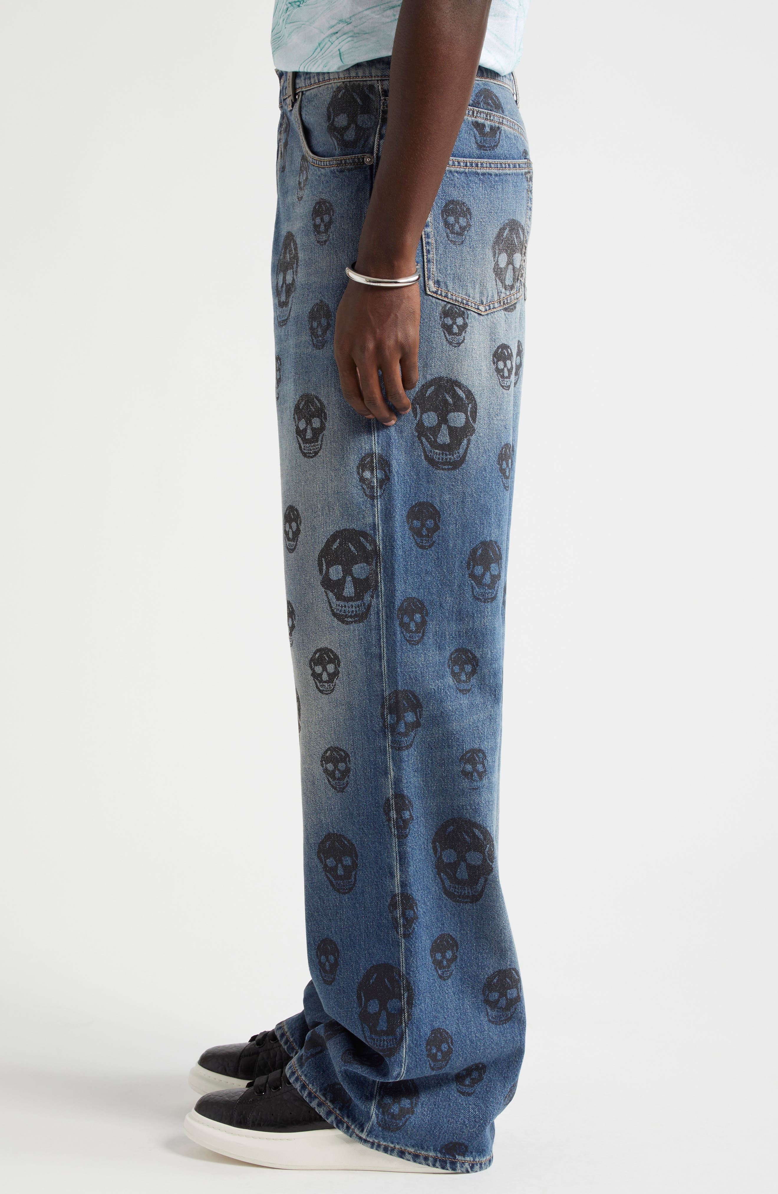 Alexander McQueen Skull Low Rise Baggy Jeans in Blue Washed-Black at Nordstrom - 4
