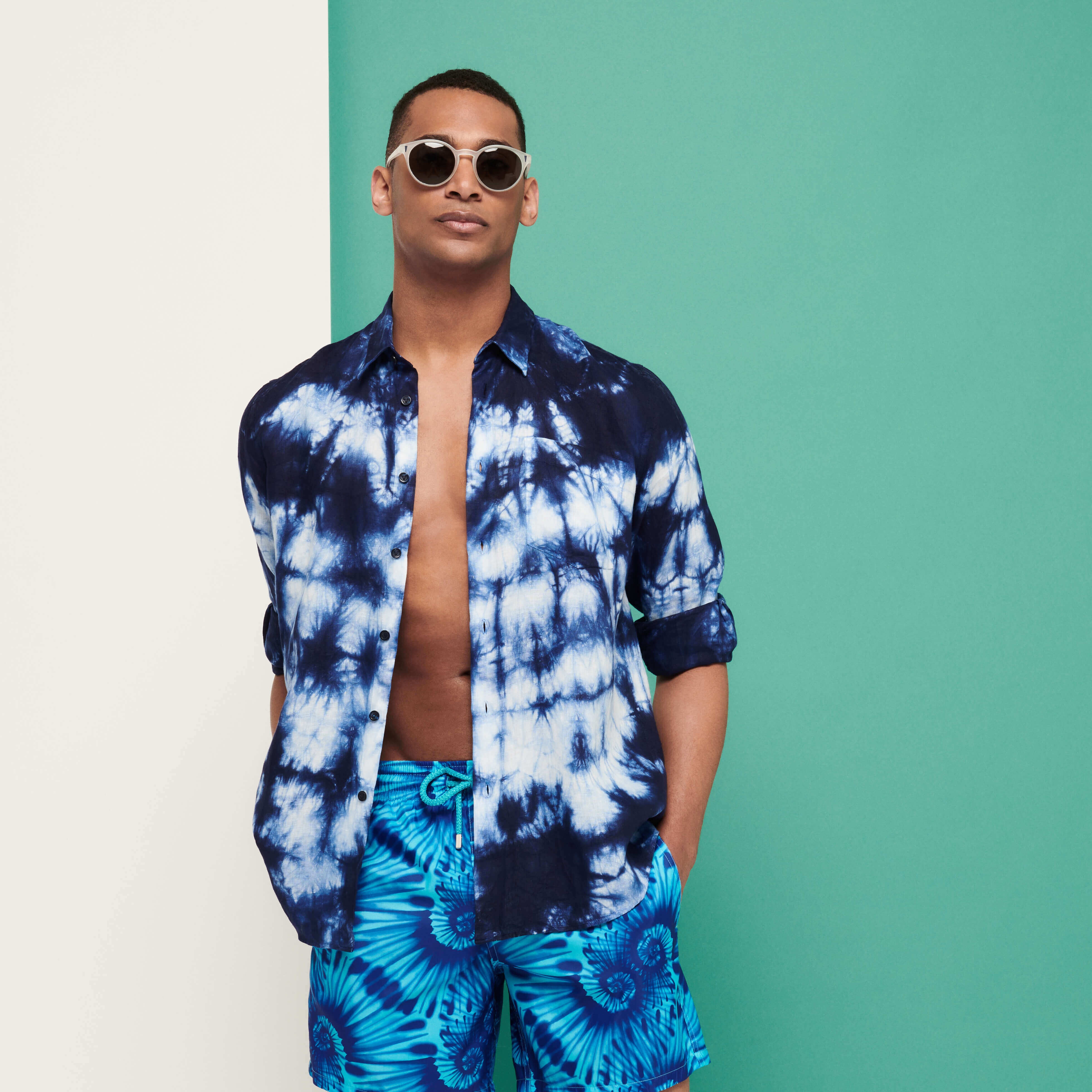 Men Bowling Shirt Linen and Cotton Fonds Marins Tie & Dye - 9