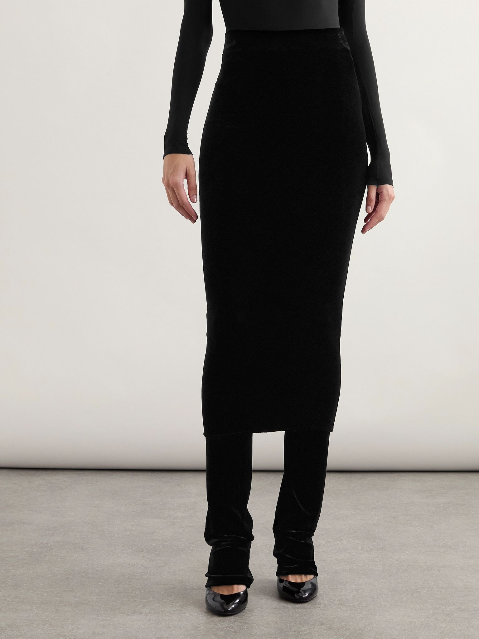 Layered stretch-velvet straight-leg pants Black - 3