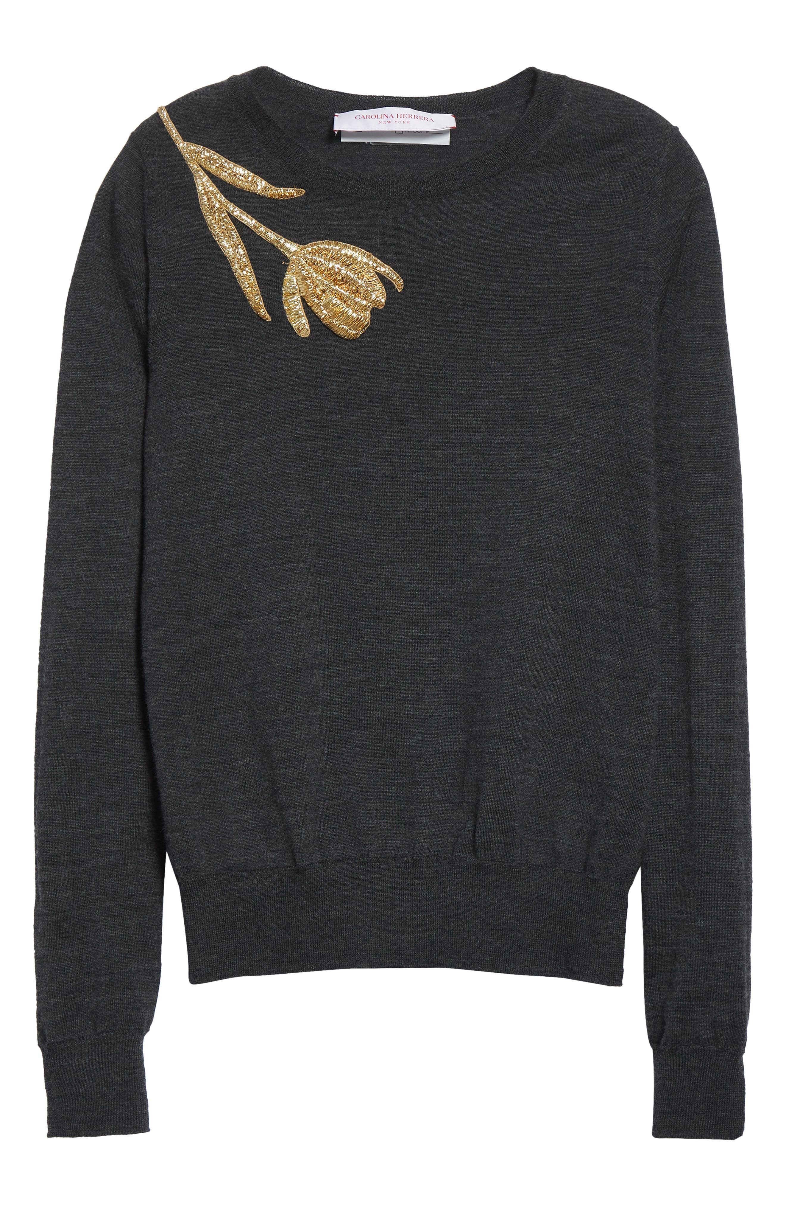 Carolina Herrera Embroidered Long Sleeve Virgin Wool & Silk Crewneck Sweater in Charcoal Grey at Nor - 6