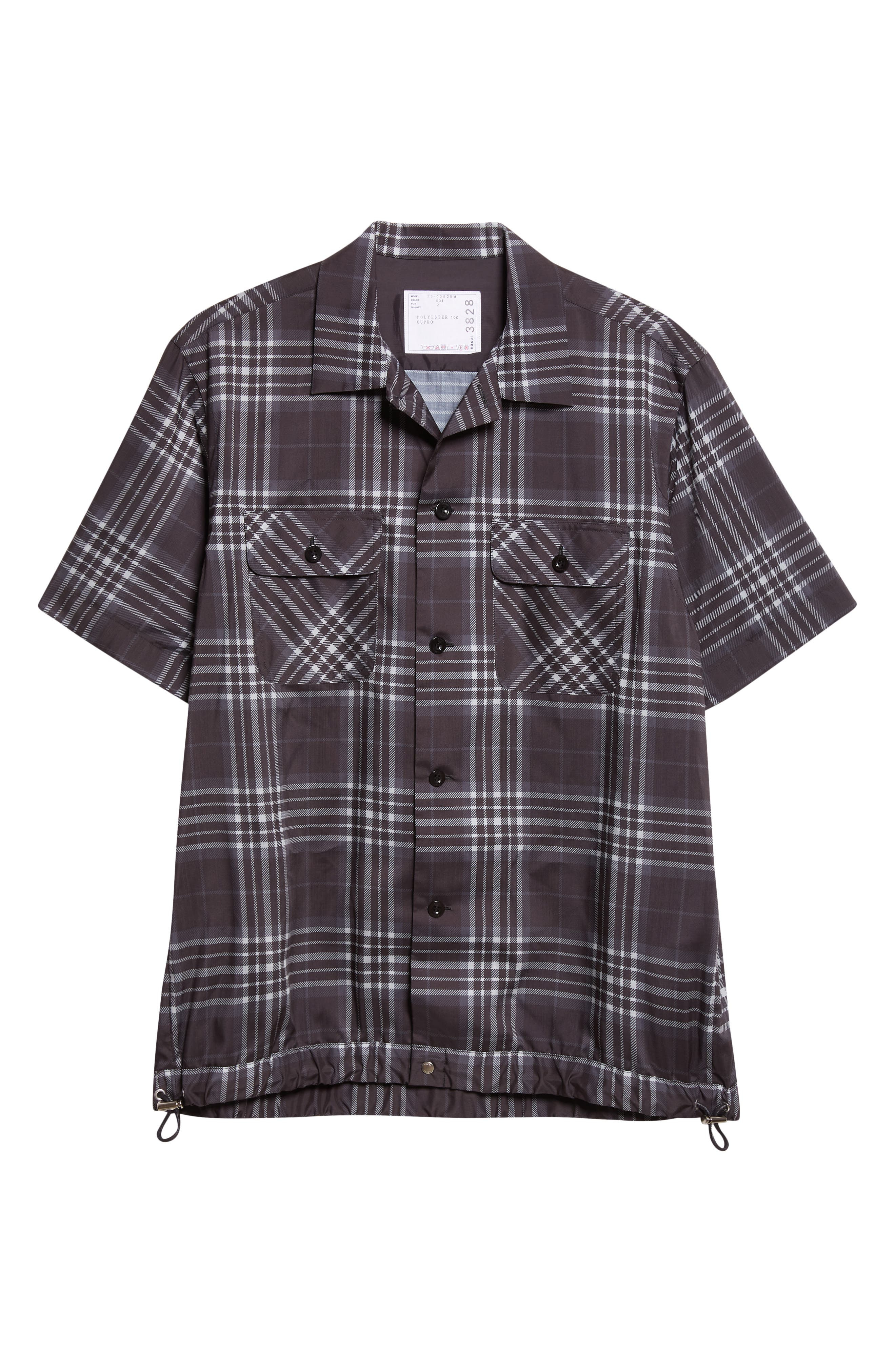 Sacai Plaid Drawcord Hem Camp Shirt in Black at Nordstrom - 6