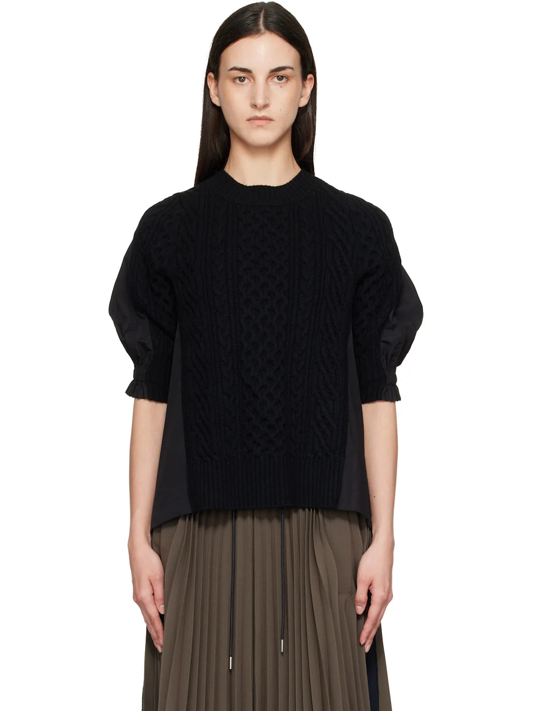 Black Wool Knit x Cotton Poplin Pullover Sweater - 1