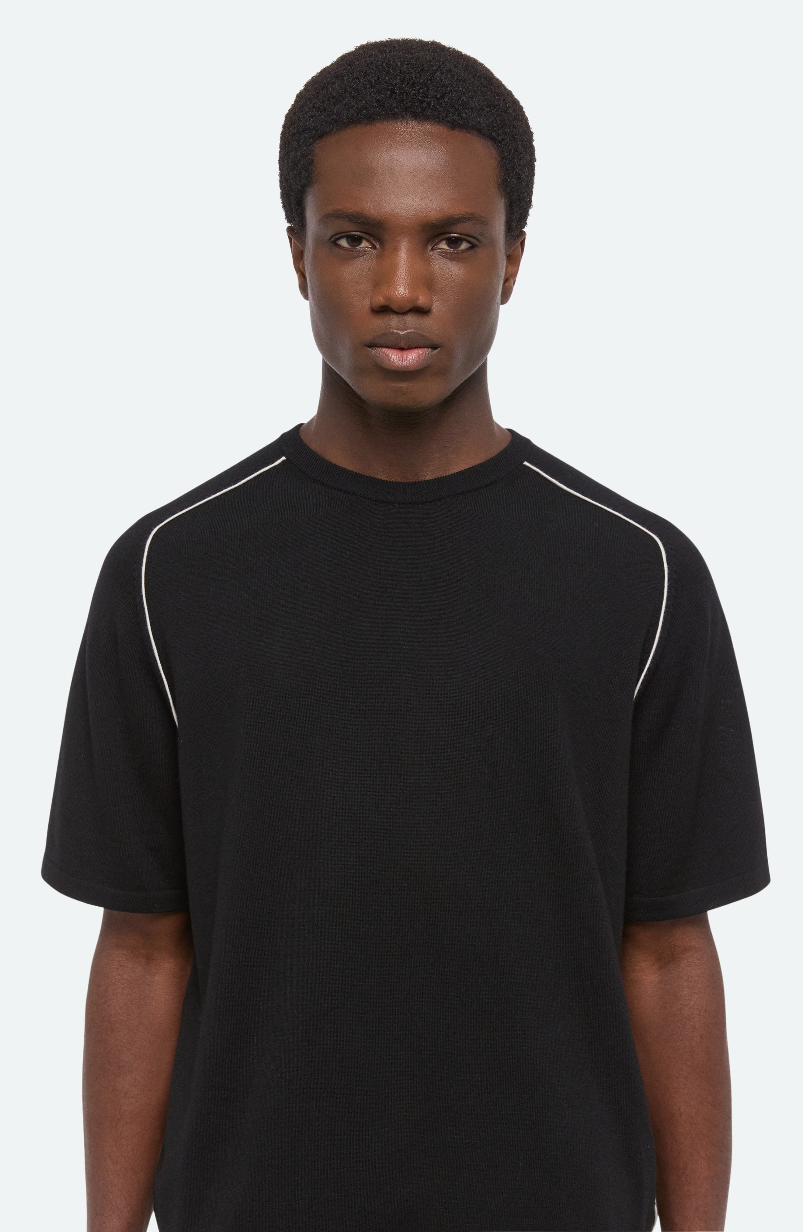 Helmut Lang Contrast Piping Wool T-Shirt in Black/Ivory - 4